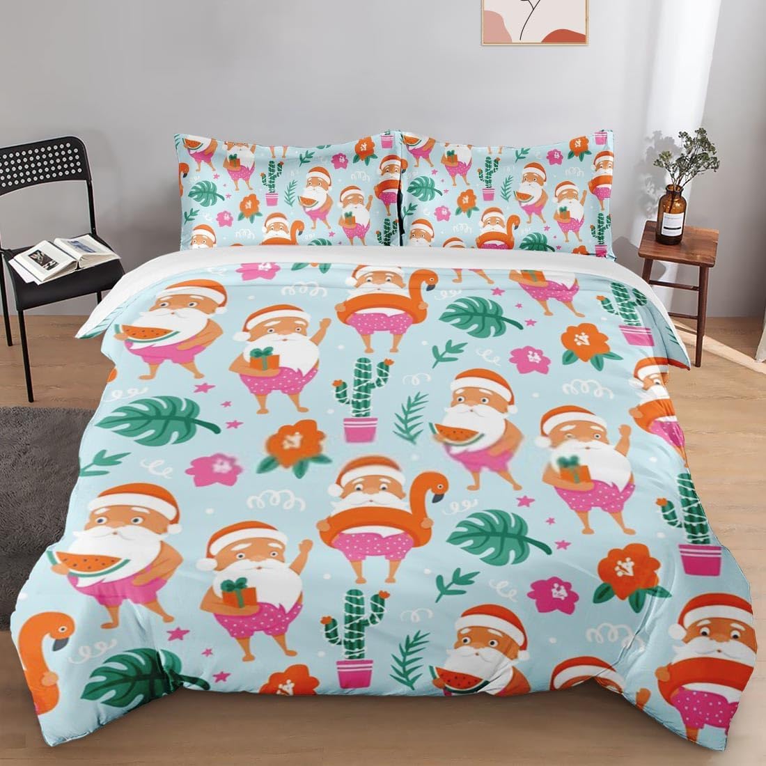 Juego de funda de edredón, diseño tropical de Papá Noel de Navidad para niños y adultos, decoración de dormitorio, juego de funda de edredón con