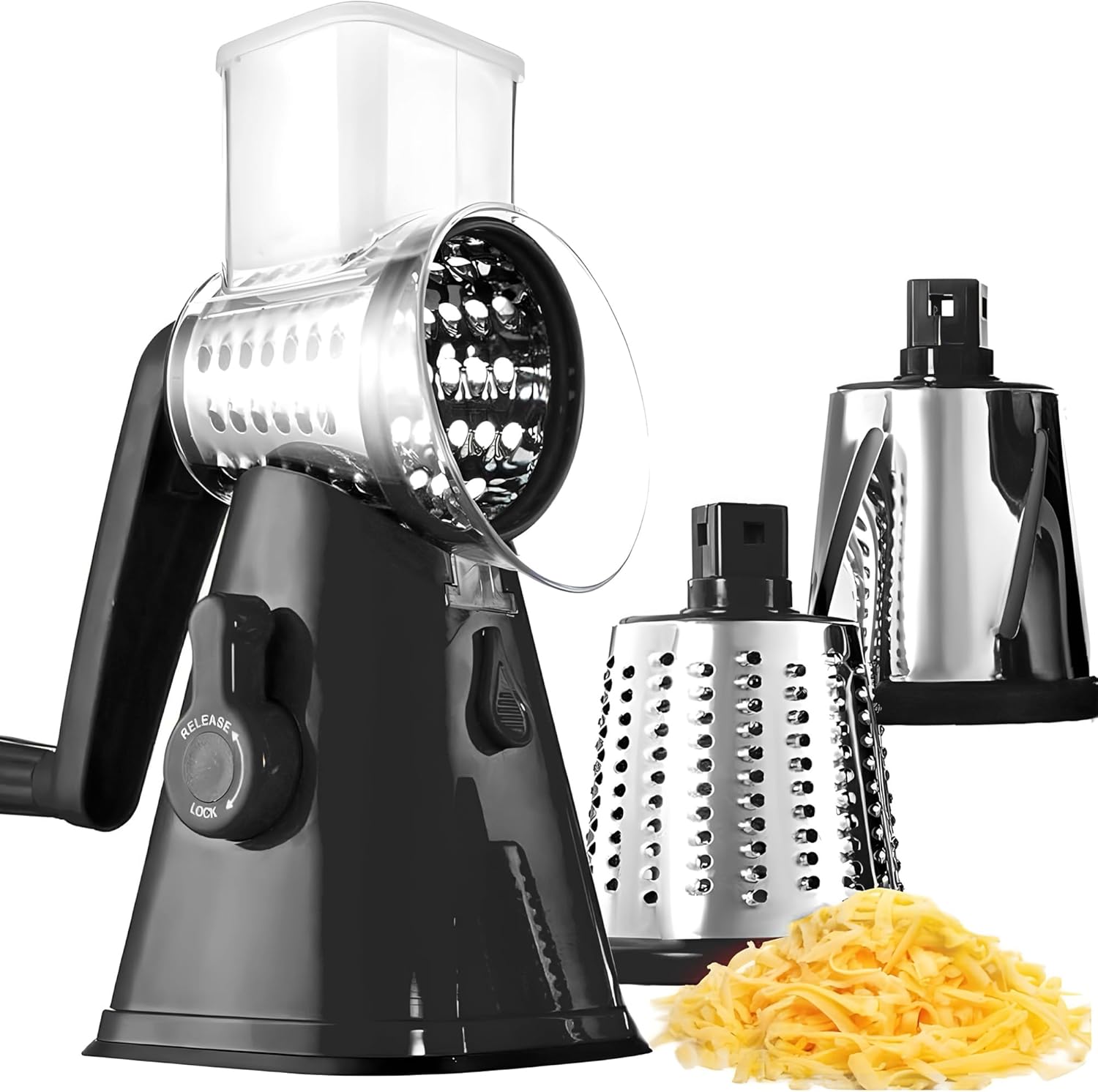 Rallador de queso giratorio con asa, rallador de queso, manivela de mano, rallador de corte rápido para cocina con 3 cuchillas intercambiables,