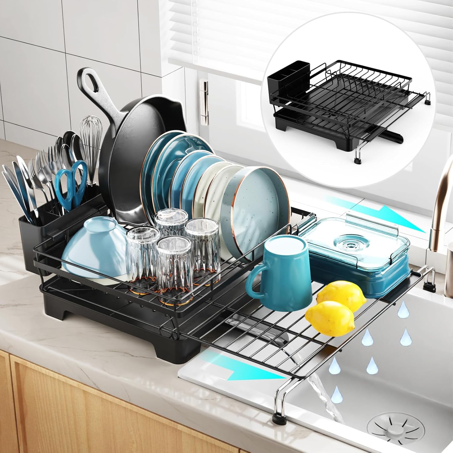 GSlife Escurridor de platos con escurridor  Escurridor de platos expandible 2 en 1 para encimera y fregadero de cocina, escurridor de platos de