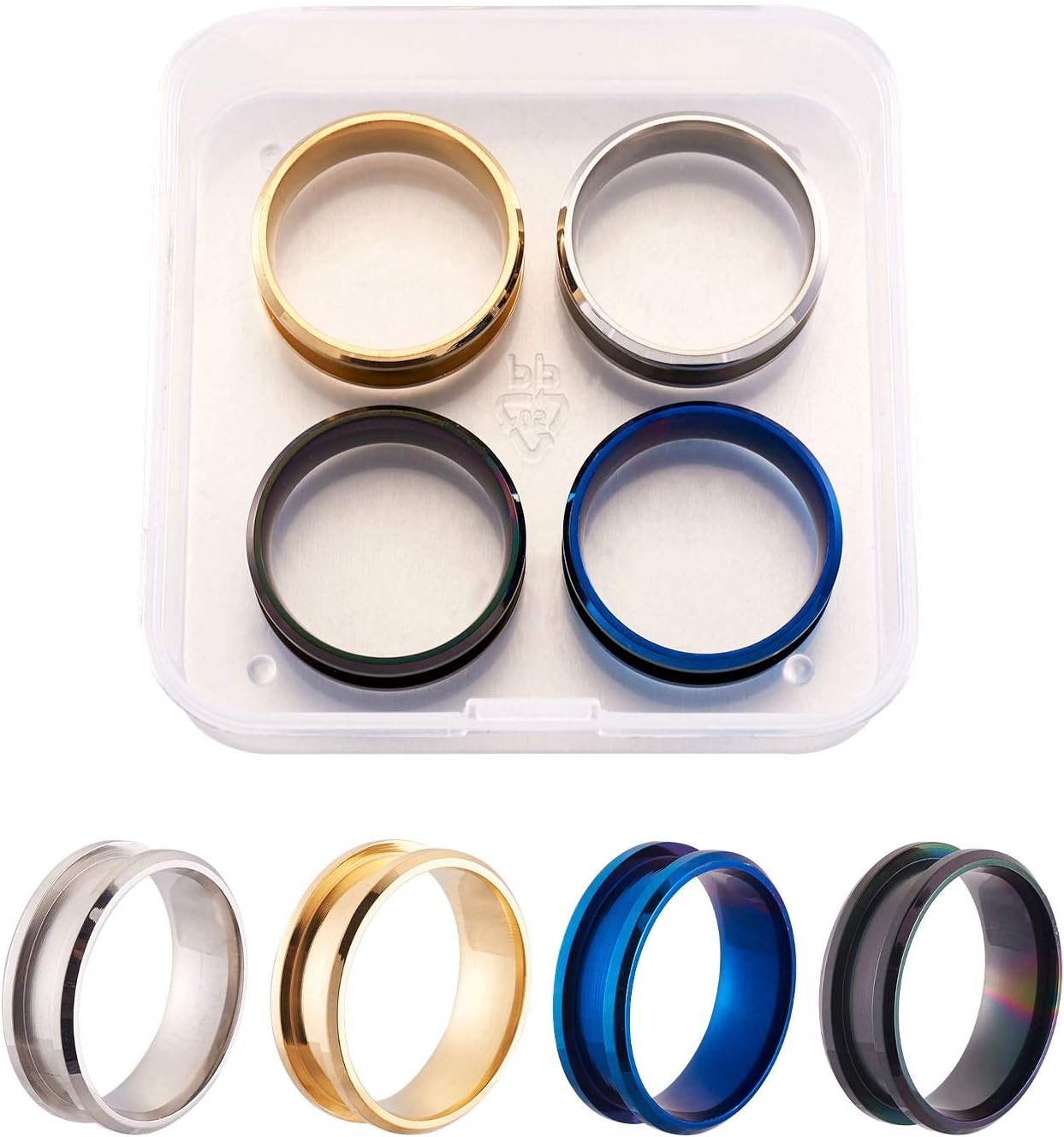 4 anillos de acero inoxidable con núcleo en blanco de 0.295 in de alto pulido, anillo de dedo ranurado para hombre, fabricación de joyas, 4 colores,