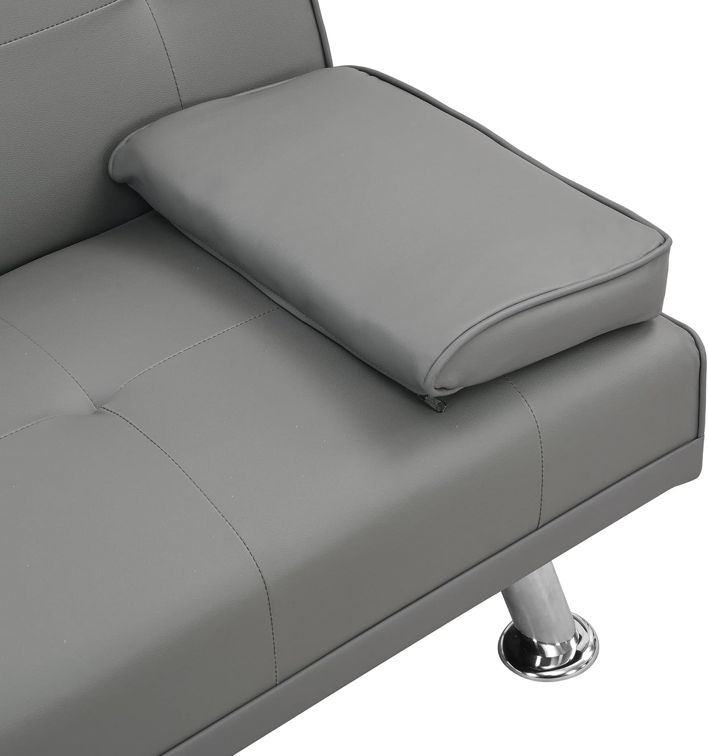 Futón, sala de estar de cuero moderna, sofá biplaza plegable convertible, sofá cama extraíble con 2 portavasos con reposabrazos en el medio, gris