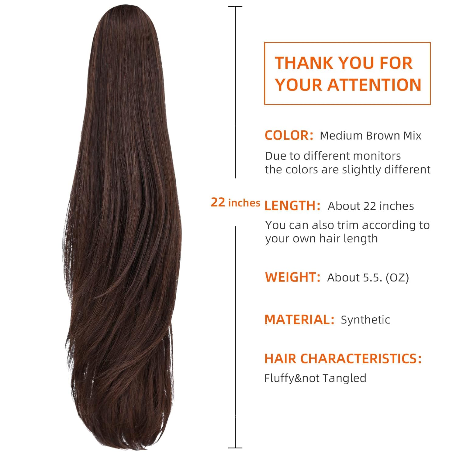 Extensión de cola de caballo marrón sintético clip garra cola de caballo 22 pulgadas recta 5.5 oz falsos postizos mujeres Yaki Fluffy enredado