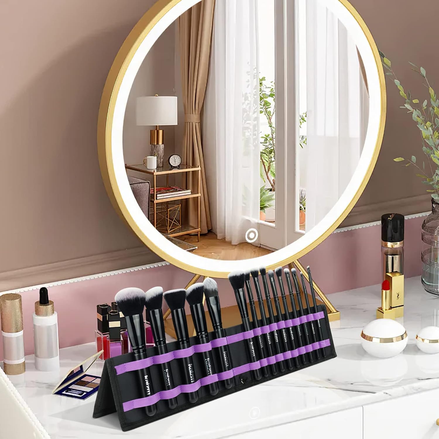 Daxstar Pinceles de maquillaje con estuche plegable, kit de maquillaje de 15 piezas, juego de brochas de maquillaje negro con 4 esponjas de