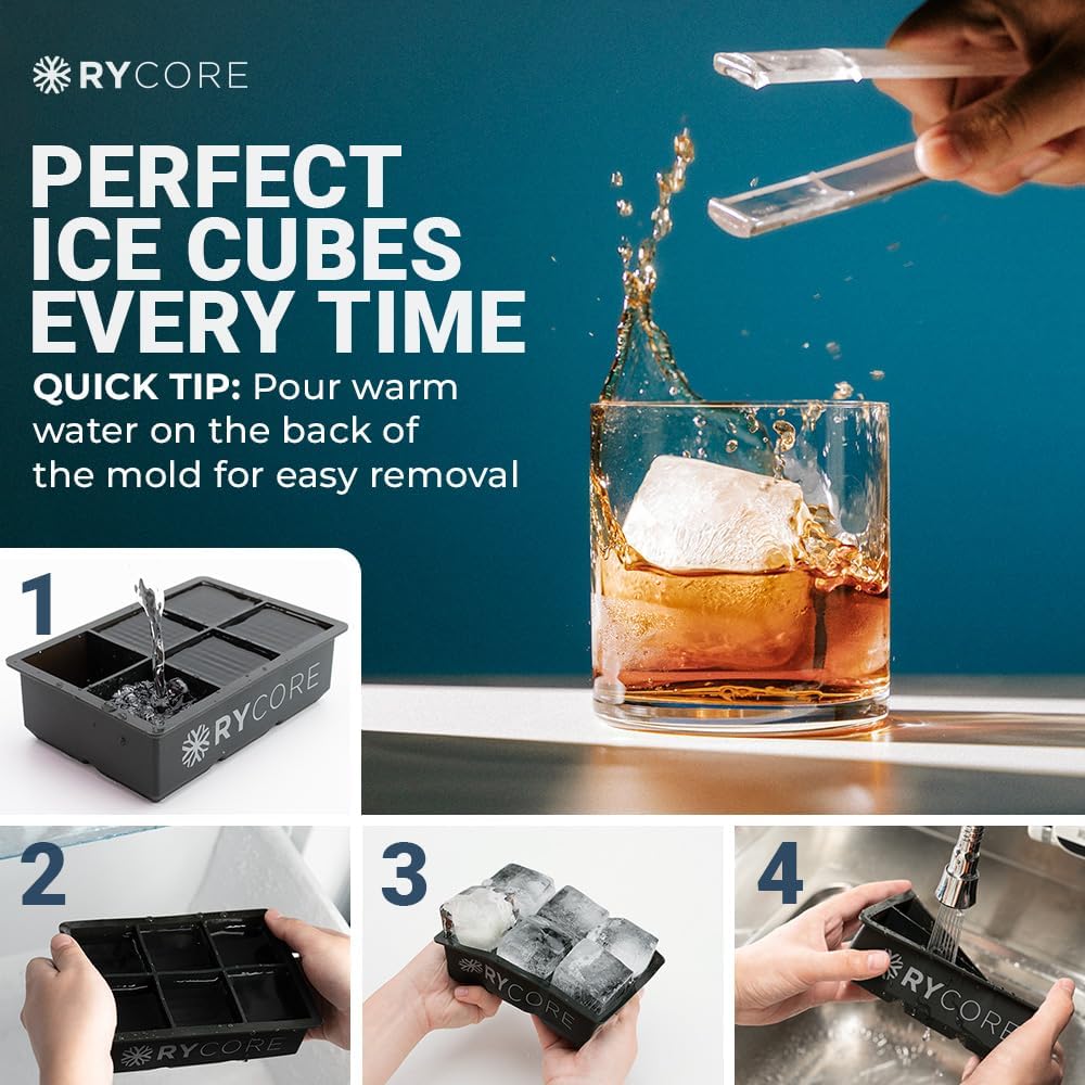Paquete de moldes cuadrados grandes para cubitos de hielo, 6 cubos, color negro, perfecto para whisky, cócteles, bourbon  Bandeja de hielo grande de
