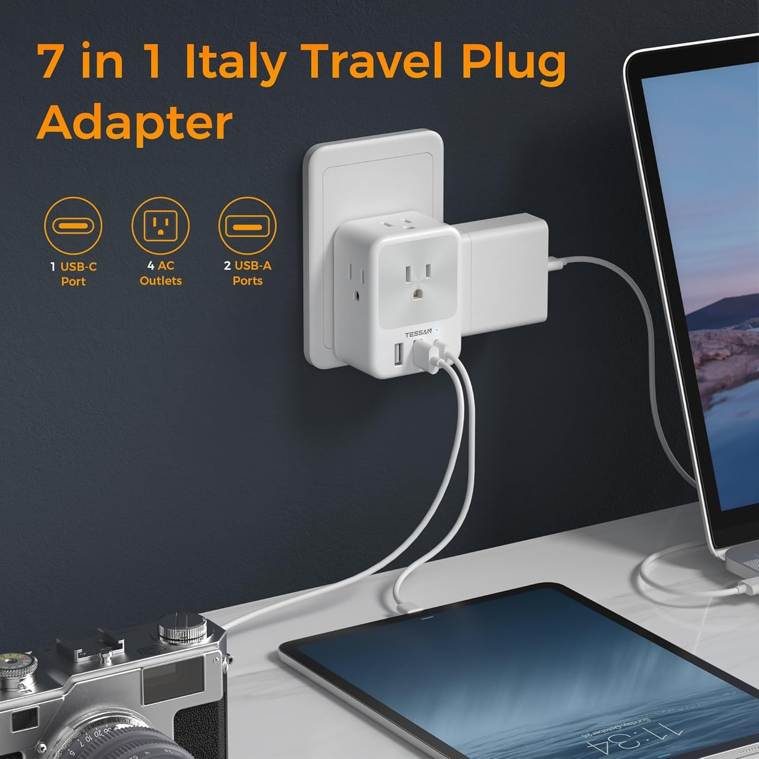 Adaptador de enchufe de viaje para Italia, 2 paquetes, adaptador de corriente TESSAN Italia con 4 tomas, 3 puertos USB (1 USB C), adaptador de