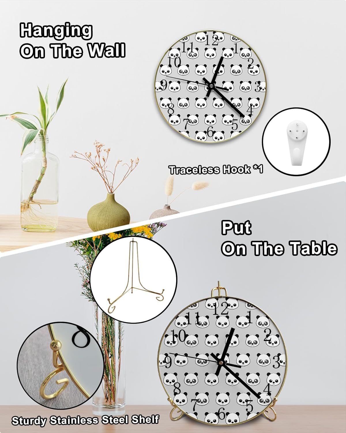 Cartoon Panda Round Wall Clock Silent Non-Ticking Battery Operated Clocks, Wooden Clock for Home Living Room Bedside Desk Bedroom Office Wall Decor