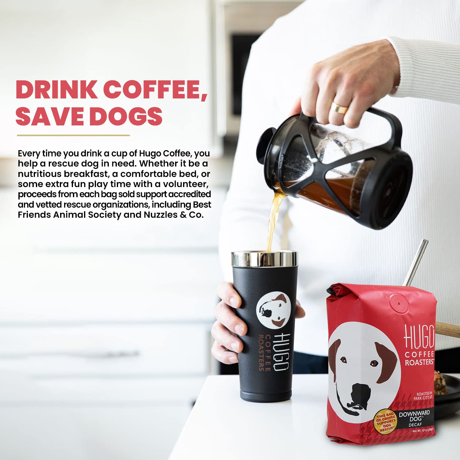 Hugo Coffee – Café descafeinado para perros con sabor orgánico almizclado, pan con plátano, sabores de caramelo y cacao, Hugo apoya los rescates de