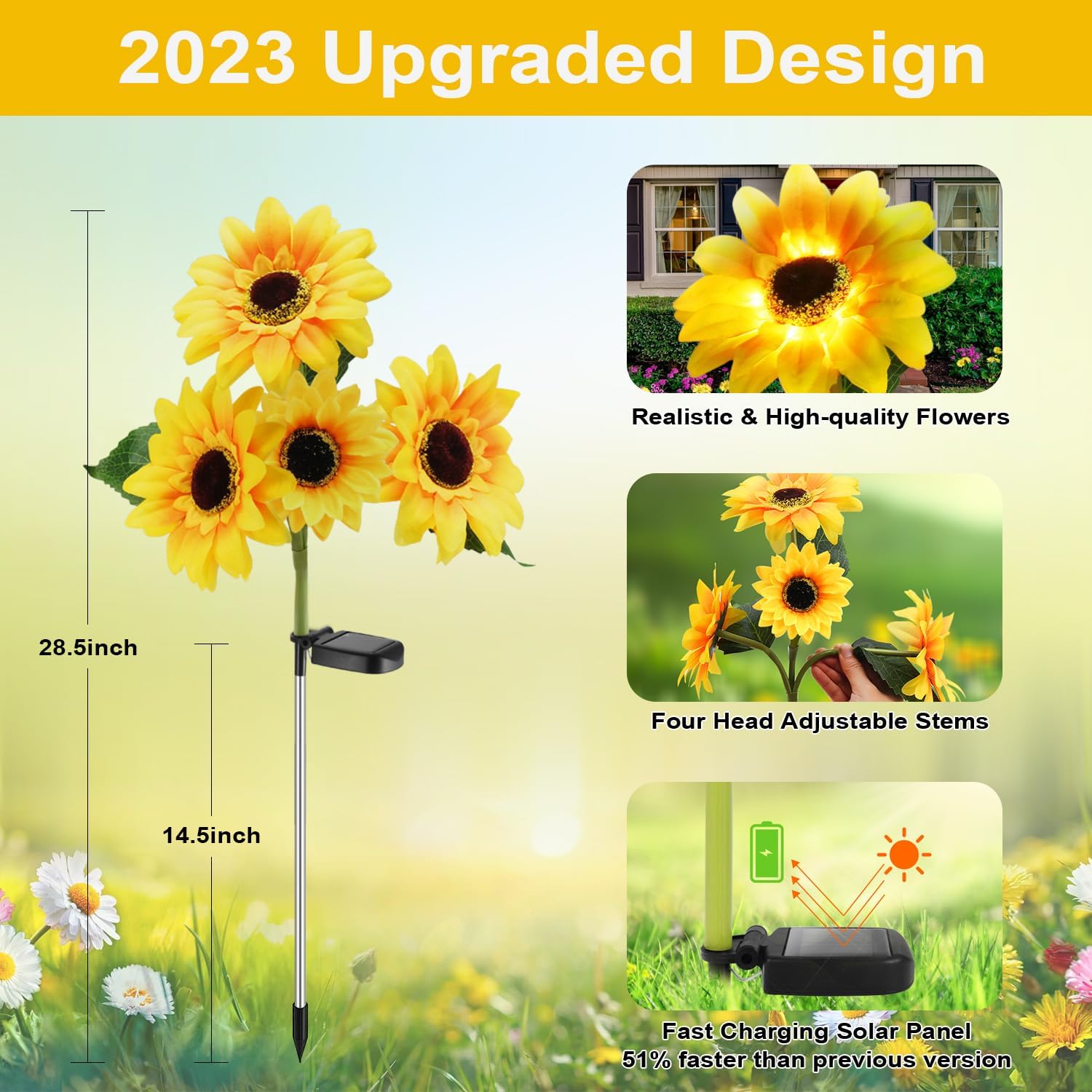 Luces solares de estaca de jardín para exteriores, paquete de 2 luces LED solares con 8 girasoles, luces decorativas solares impermeables para