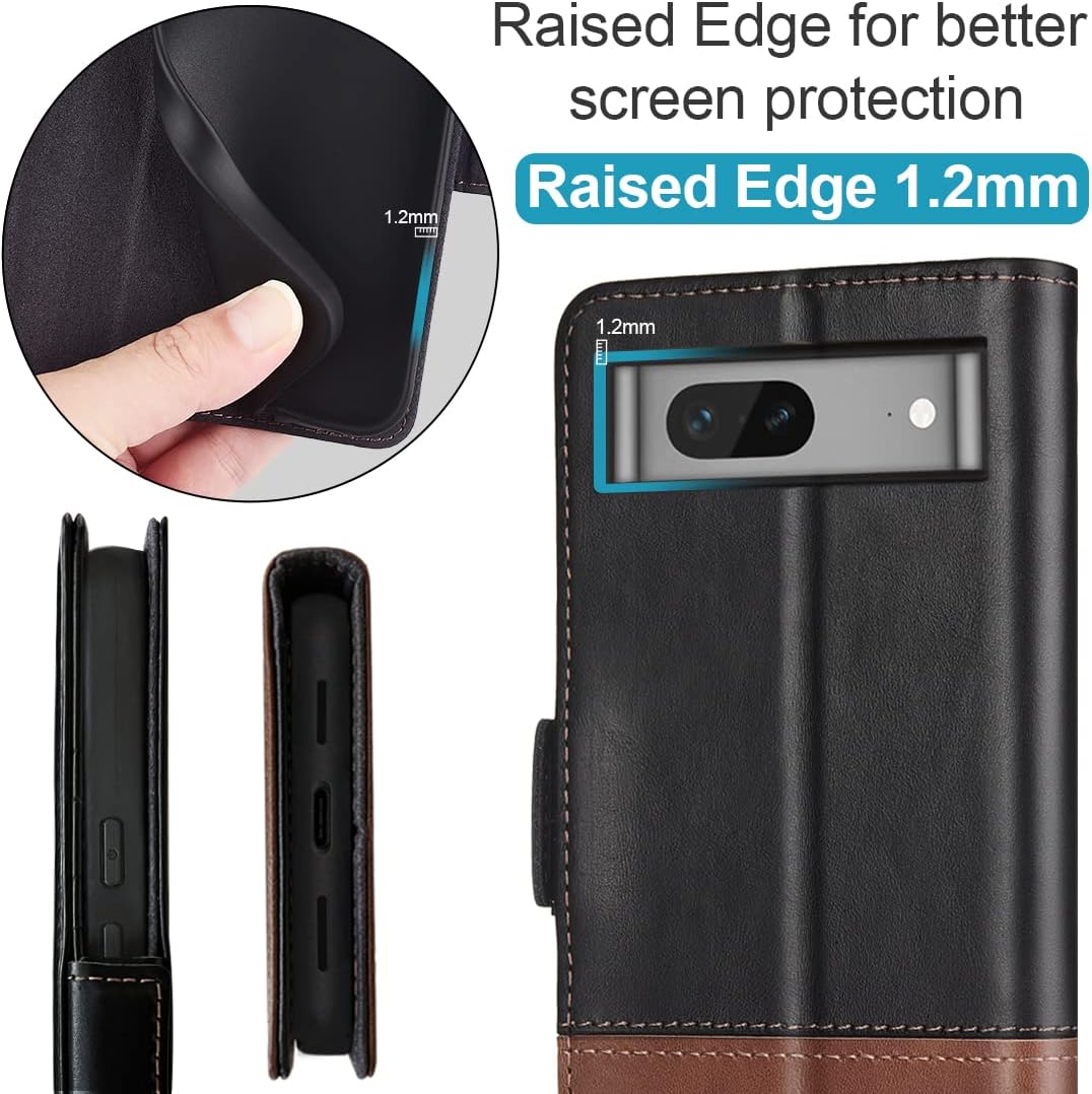 KEZiHOME Funda para Google Pixel 7, piel auténtica bloqueo RFID Funda tipo cartera con tarjetero y función atril con tapa protectora resistente para