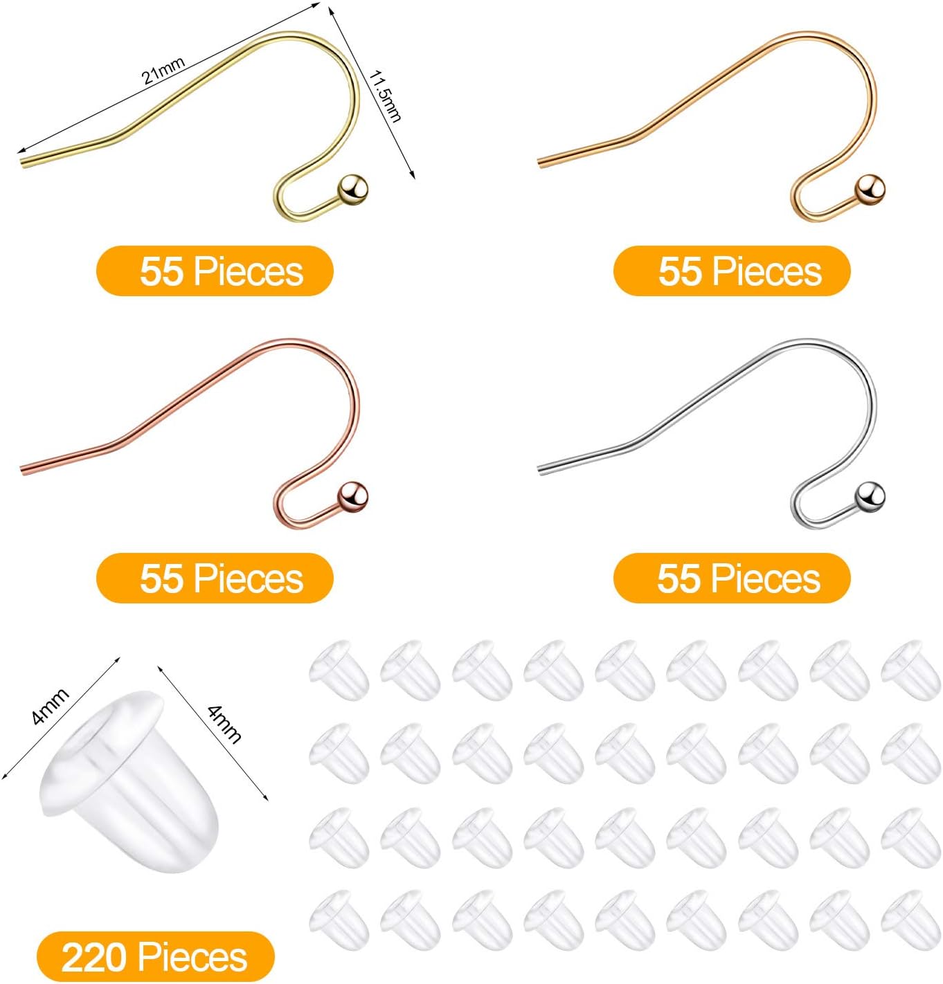 Juego de 220 ganchos para pendientes franceses de alambre de oreja en 4 colores con 220 piezas transparentes para hacer joyas, 0.86 x 0.43 x 0.75