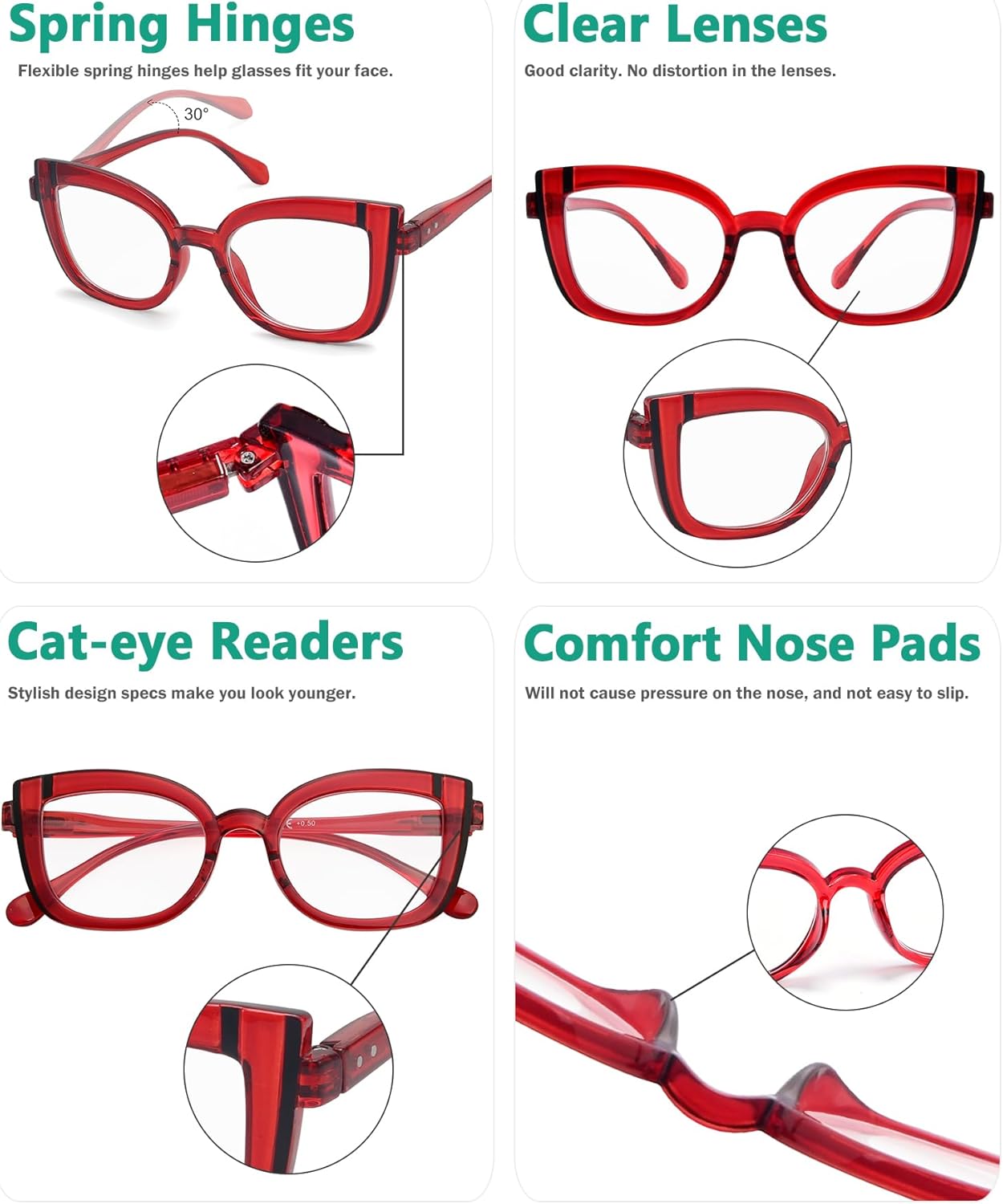 Eyekepper Ojo de gato gafas de lectura para las mujeres lectores lindos – rojo +1.50
