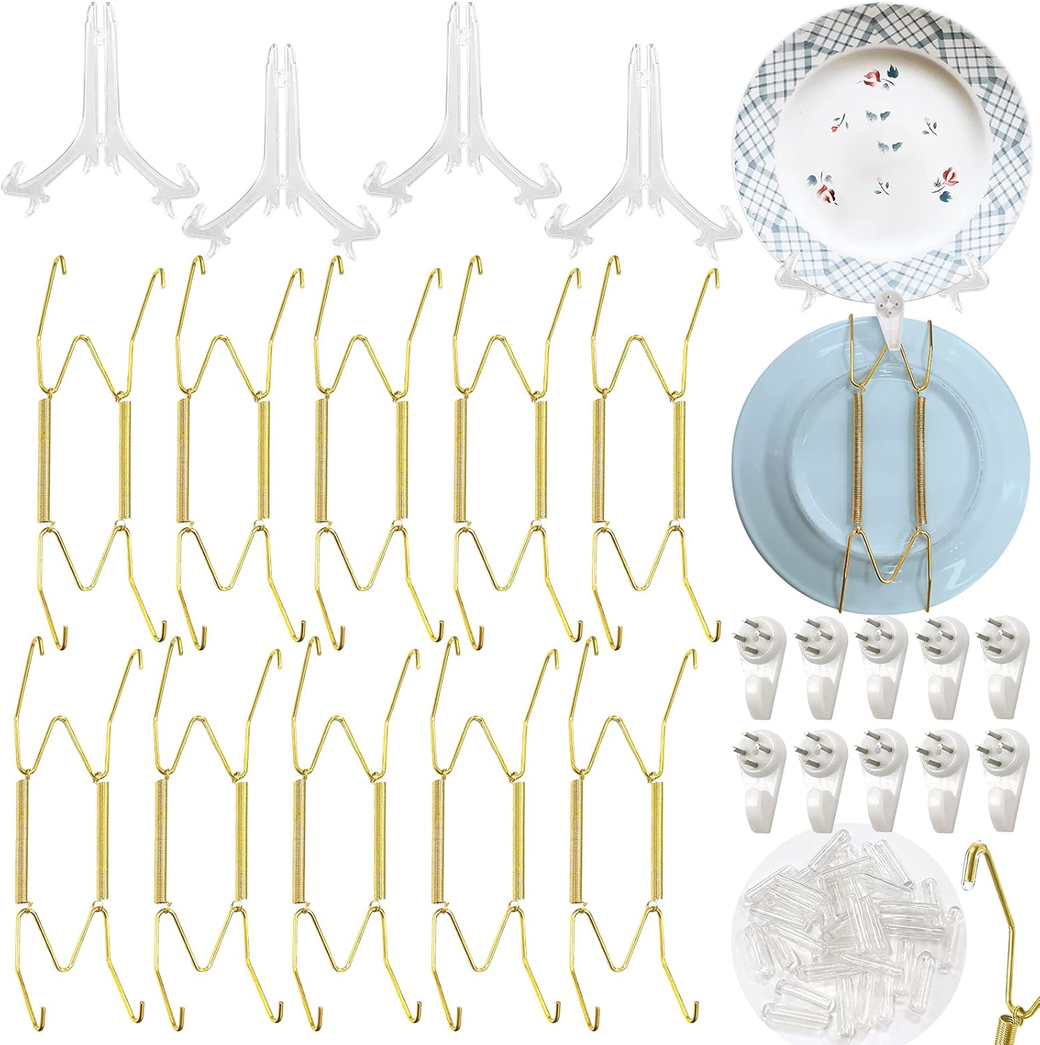 Daily Treasures 10 ganchos para platos, ganchos de pared de 6 pulgadas con 40 protectores de punta, 10 ganchos de pared y 4 soportes de caballete de