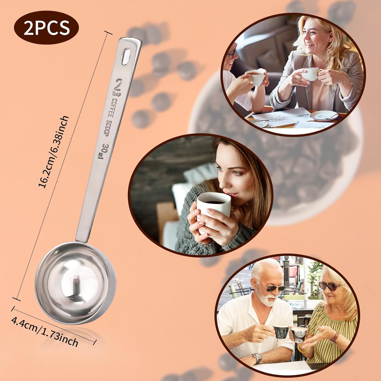 2 cucharadas de 2 cucharadas con asas largas, cuchara medidora de café de acero inoxidable de 1.0 fl oz, 2 cucharadas para café, leche, fruta en