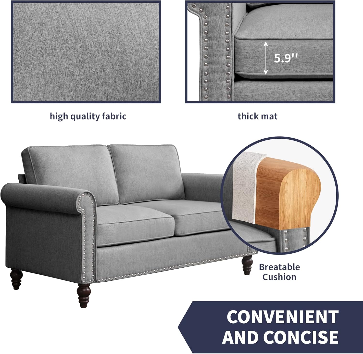 Sofá biplaza, sofá gris claro para sala de estar, sofá moderno de mediados de siglo con marco de madera maciza y 4 patas en forma de calabaza, sofás