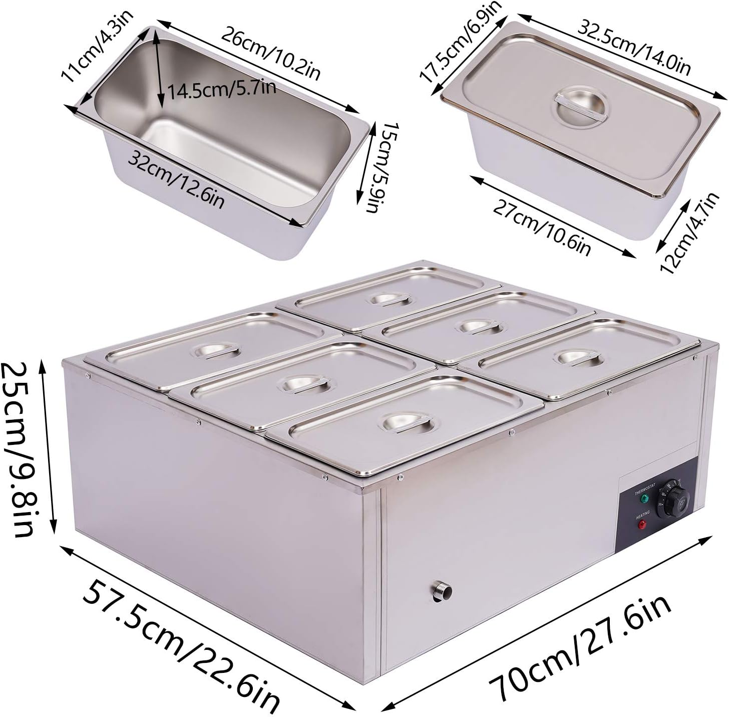 Calentador de alimentos eléctrico comercial de 6 bandejas, 110 V, 850 W, acero inoxidable, Bain-Marie, para encimera de bufé, vaporizador de vapor,