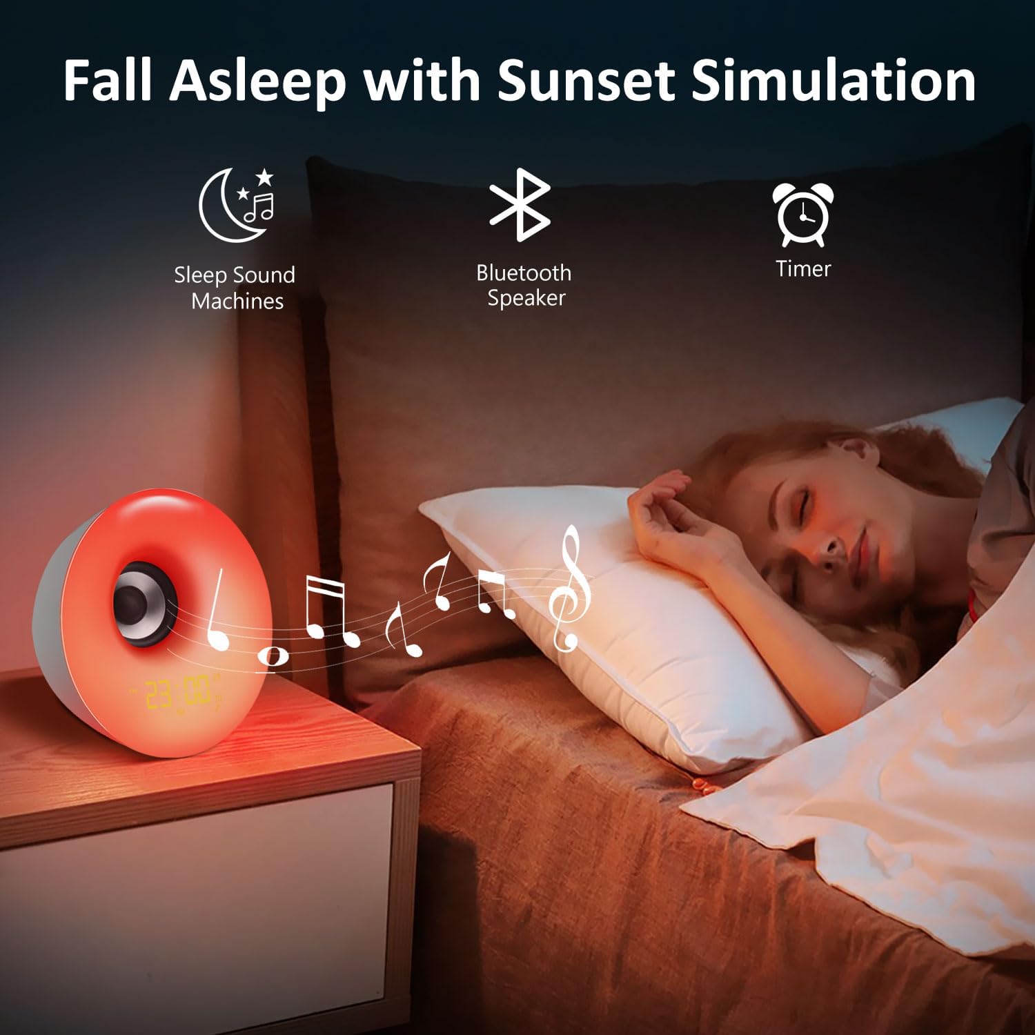 Reloj despertador con luz, altavoz Bluetooth, sonidos naturales, para niños, personas que duermen mucho