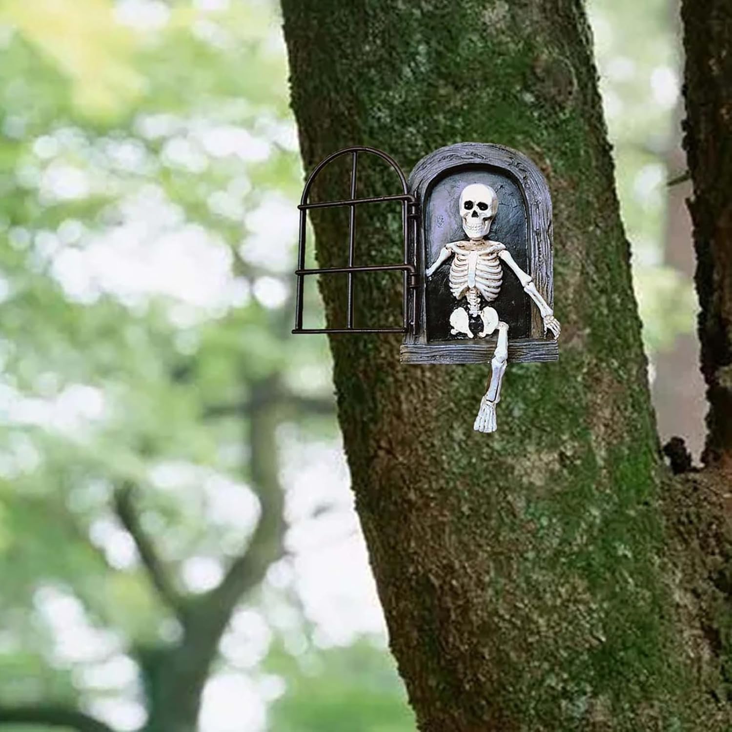 Estatua de jardín de esqueleto para puerta, espeluznante esqueleto, decoración de tronco de árbol, divertida decoración de árbol de jardín,