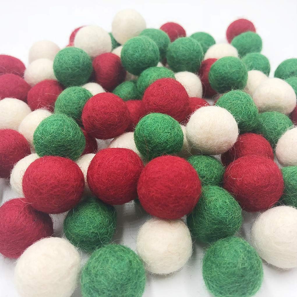 Bolas de fieltro de Navidad, color rojo, verde, blanco, 80 unidades, 0.8 in, para bricolaje, pompón, guirnalda de bolas de lana