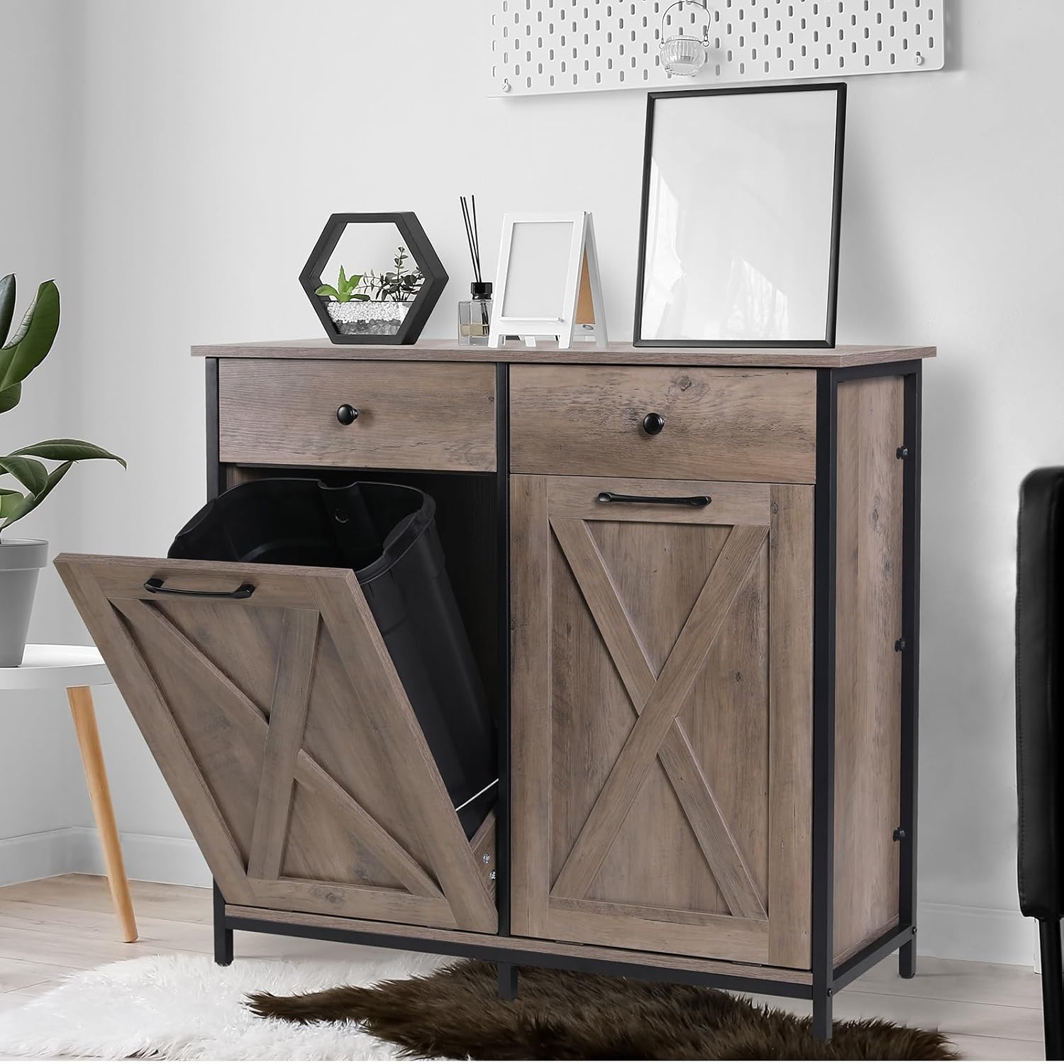 Arlopu Gabinete de basura de doble inclinación, gabinete de reciclaje extraíble de cocina de 20 galones, gabinete clasificador de ropa de madera