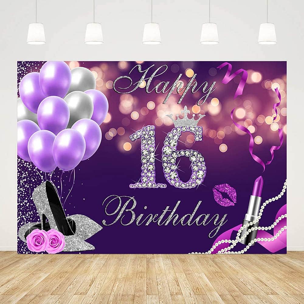Telón de fondo de feliz cumpleaños número 16 de 7 x 5 pies, globos Bokeh morados con purpurina plateada con purpurina, fondo de lápiz labial de