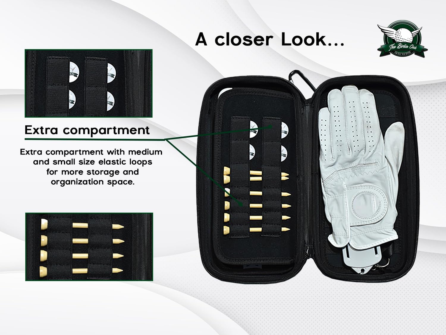The Birdie Club Estuche para guantes de golf  Funda de golf con agujero para cable de carga para teléfono, soporte para guantes extraíble y tres