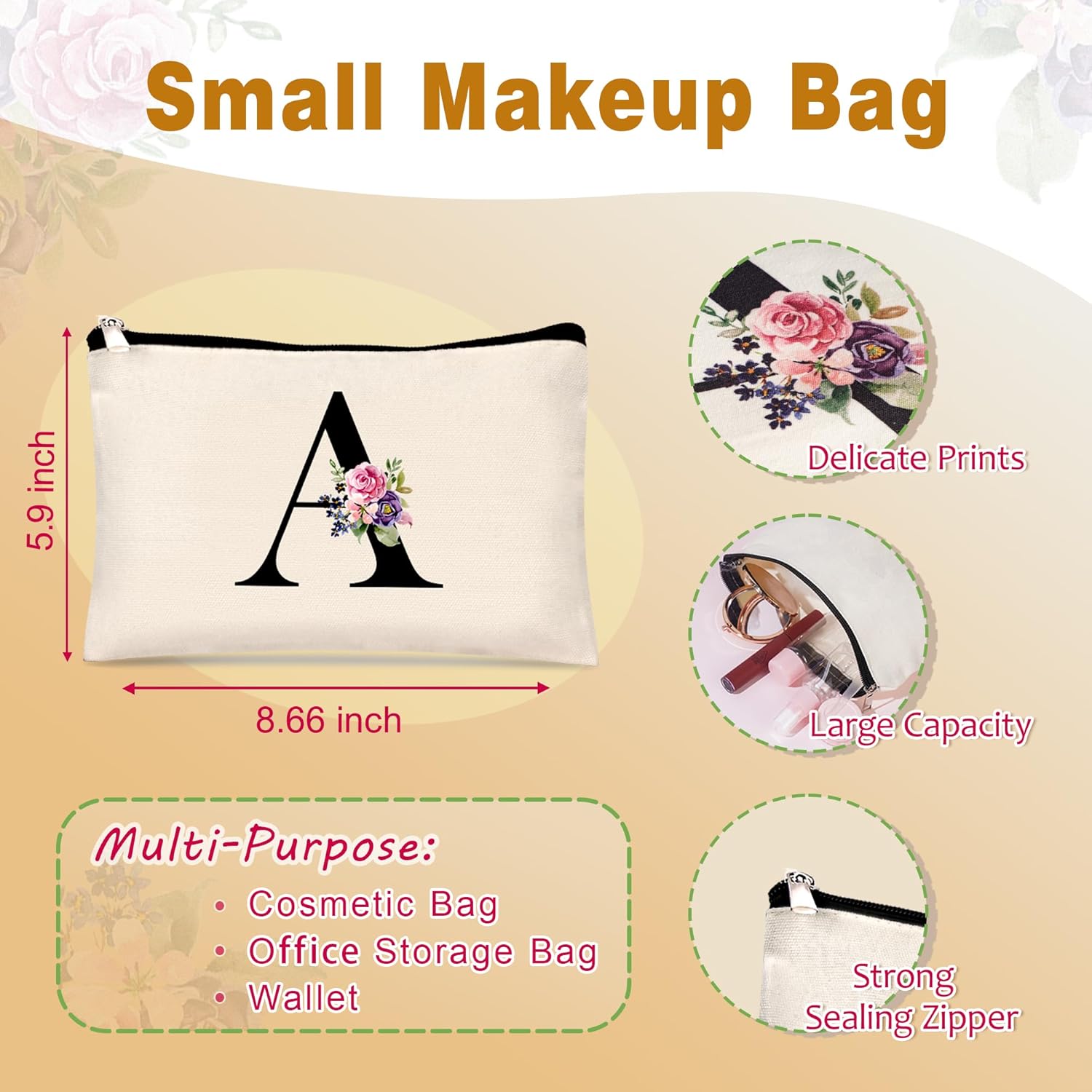 AUNOOL Bolsa de mano con monograma para dama de honor, boda, bolsa de maquillaje de lona inicial con cremallera, regalos de cumpleaños