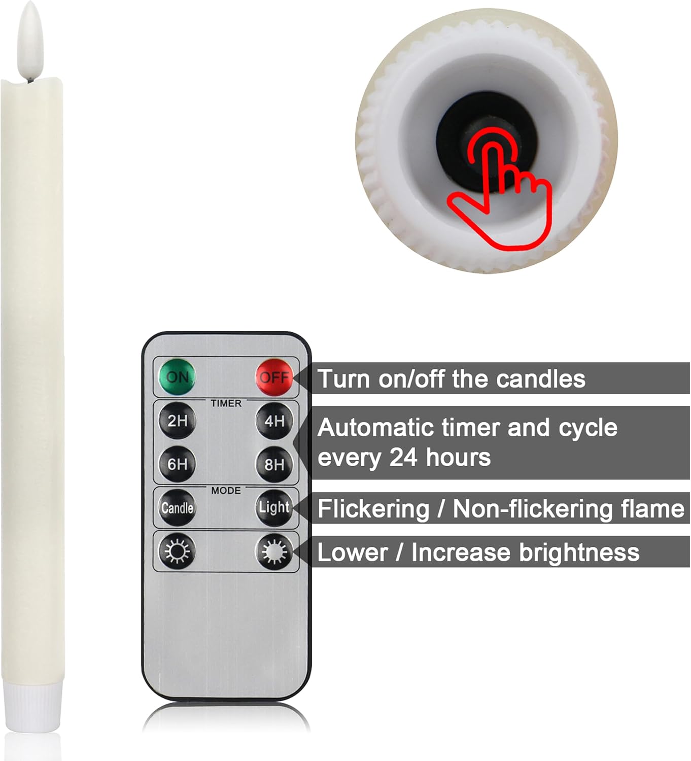 CVHOMEDECO. Velas cónicas sin llama de cera real con control remoto de 10 teclas, velas LED parpadeantes con mecha 3D para ventana, decoración de