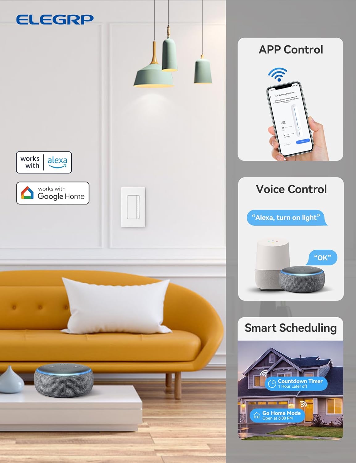 ELEGRP Interruptor de atenuación inteligente DPR30, interruptor de atenuación Wi-Fi de 2.4 GHz, funciona con Alexa y Google Assistant, un solo polo3