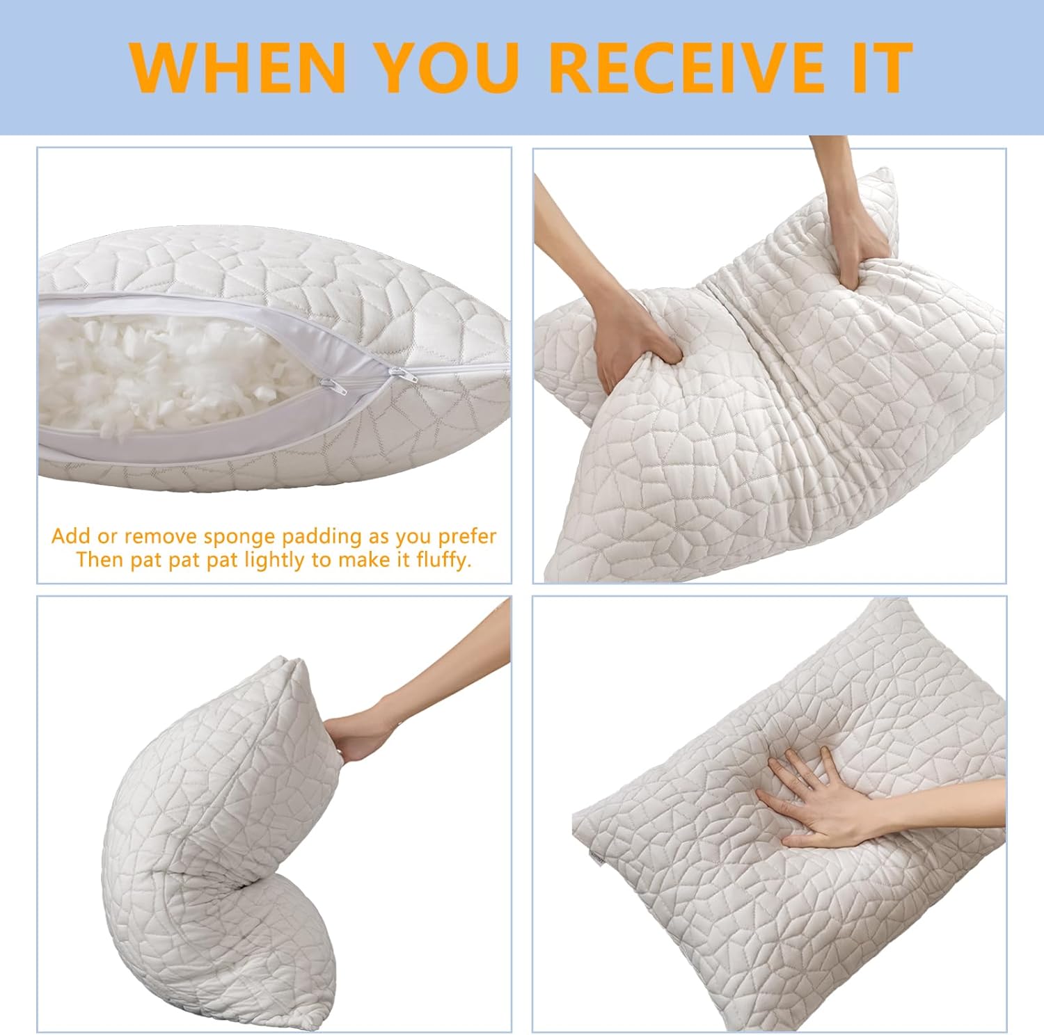 Almohada de espuma viscoelástica triturada, tamaño Queen (1 unidad), almohada de cama ajustable para personas que duermen boca abajo, cómoda