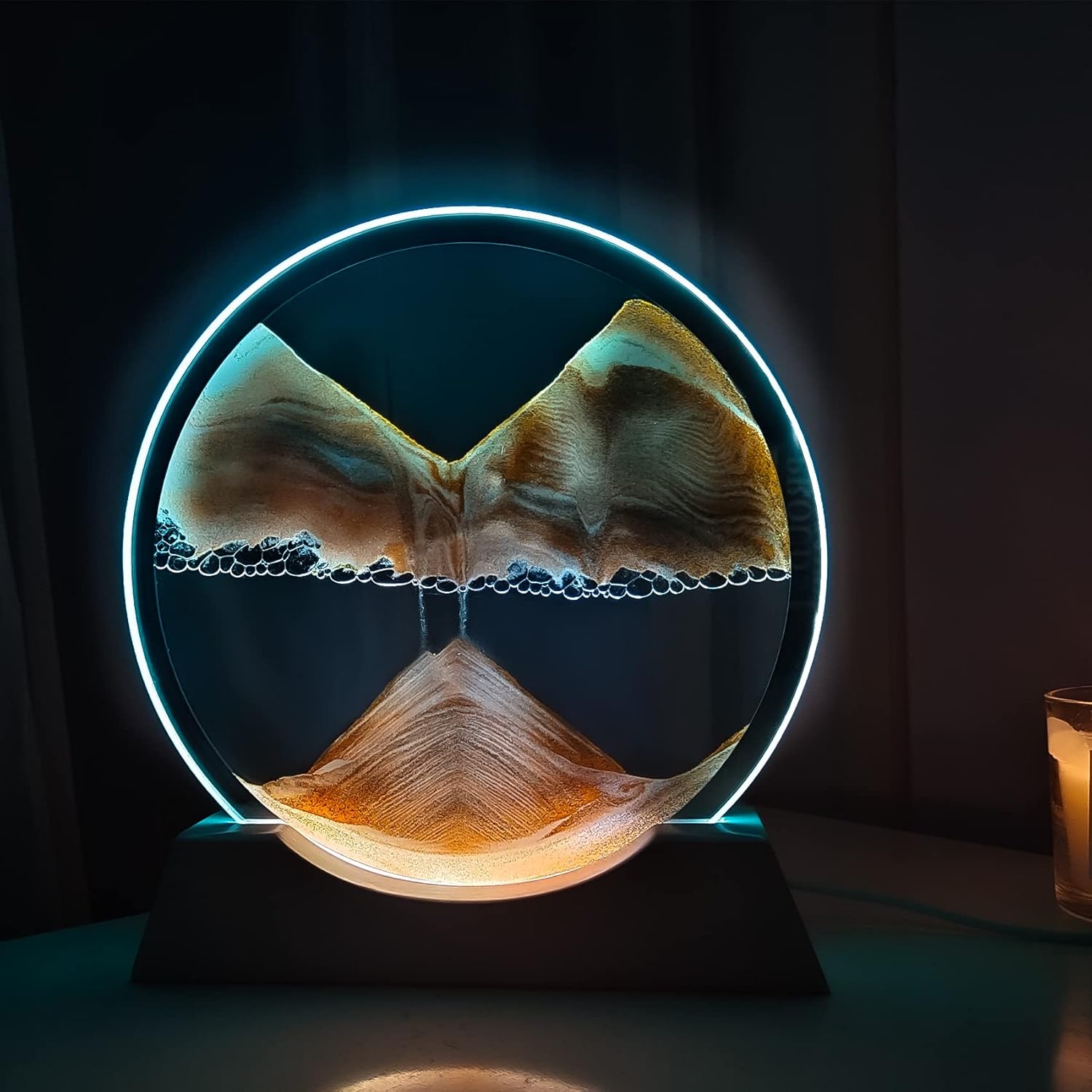 Arte de arena movimiento líquido con base de madera blanca clara, arte de arena en movimiento, flujo de vidrio redondo, pintura de arena, 3 colores