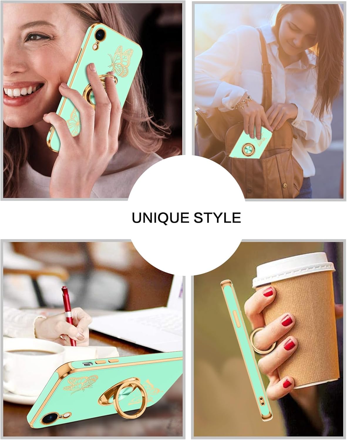 BENTOBEN Funda para iPhone XR, funda para teléfono iPhone XR 6.1, ajuste delgado, diseño de mariposa dorada, soporte de anillo de soporte de anillo