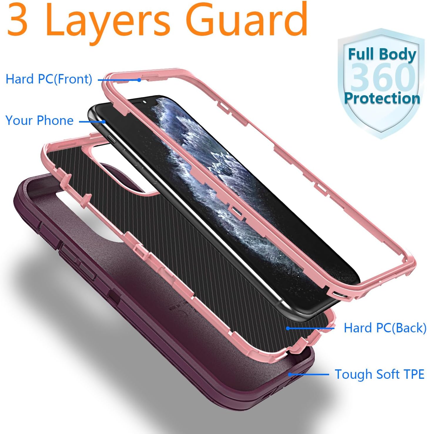 YmhxcY Funda para iPhone 11 Pro Max, a prueba de golpes, a prueba de caídas, a prueba de polvo, a prueba de caídas, 3 en 1, duradera funda para