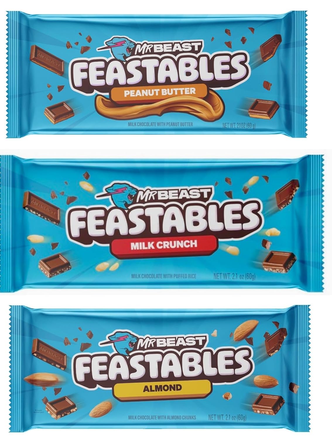 Feastables Beast Bar – Barra de chocolate con leche con mantequilla de maní, chocolate con leche y almendras, chocolate con leche crujiente (3