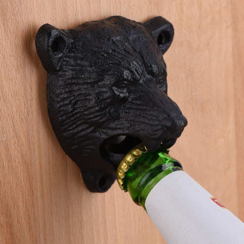 Raguso Abridor de hierro en forma de oso negro abridor de botellas de vidrio de soda de cerveza montado en la pared, herramientas de apertura de