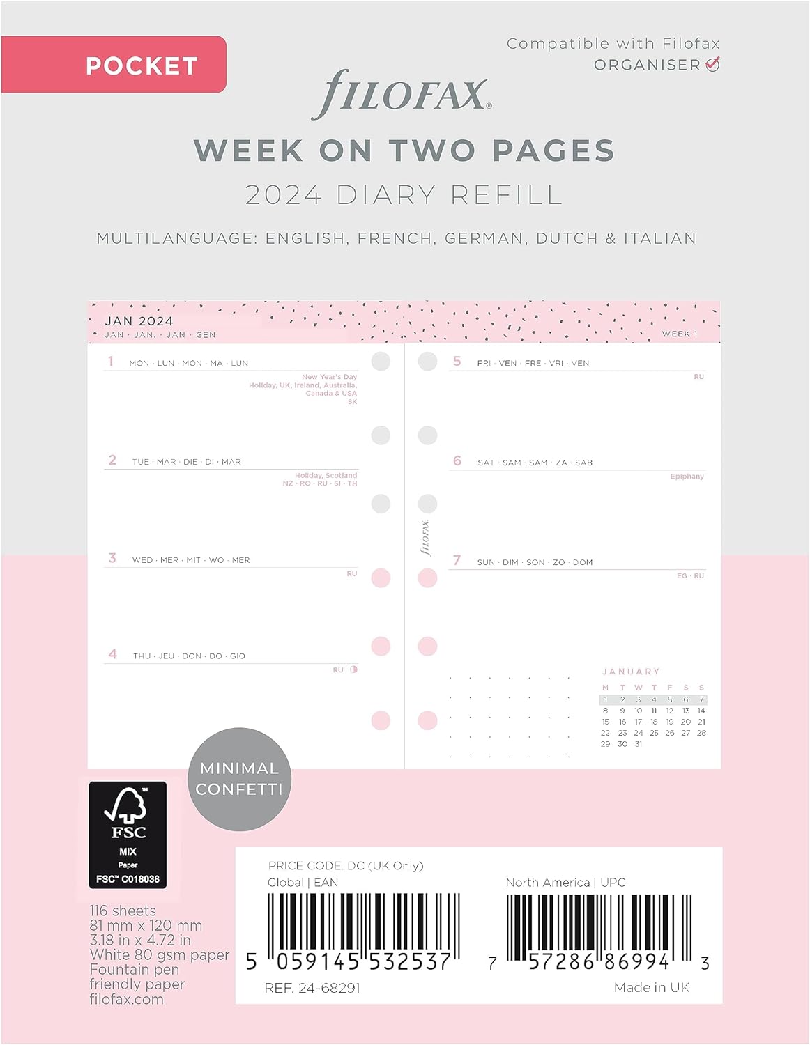 Filofax Recambio de diario de calendario, tamaño de bolsillo, semana a vista, paquete de diario mínimo de confeti, multilingüe cinco idiomas, 2024