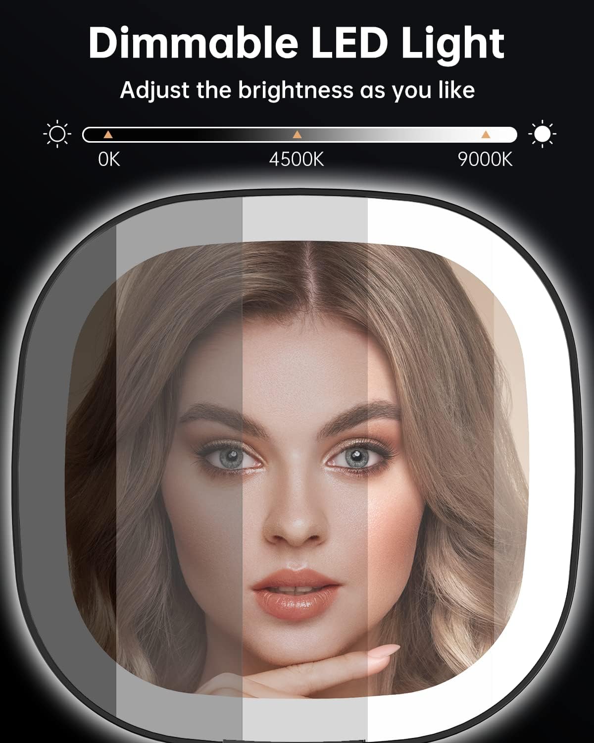 Gospire Espejo de maquillaje de viaje recargable de doble cara con luces y aumento 10X, espejo compacto LED con 3 colores de luz y brillo ajustable,