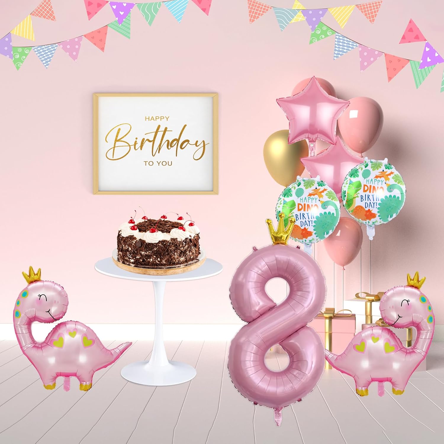 7 globos de dinosaurio con corona rosa, globos de aluminio de Mylar con número de cumpleaños de dinosaurio rosa, suministros de fiesta de 8