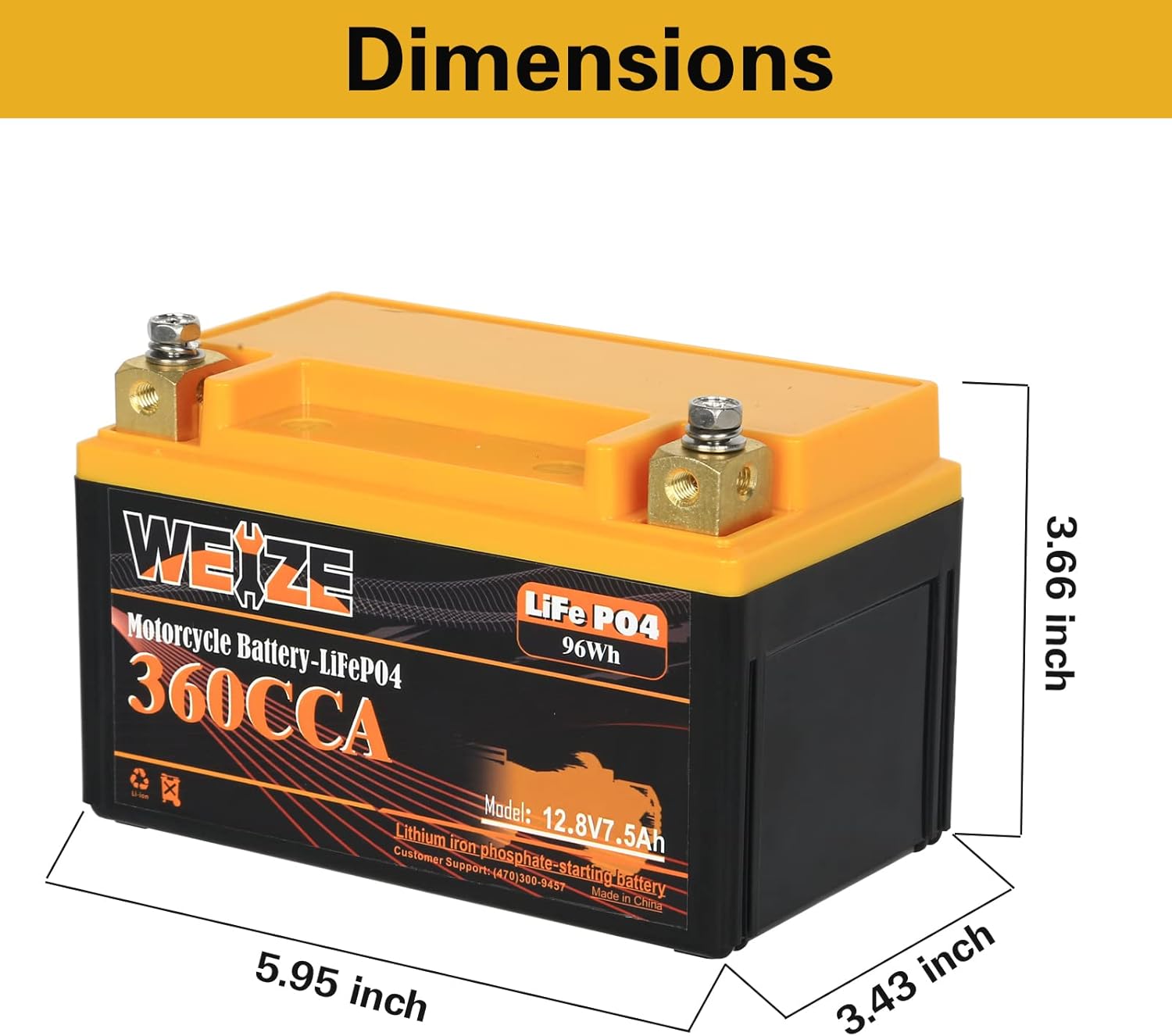 Weize YTX14-BS – Batería de litio, 360CCA, BMS inteligente integrado, 12 v, 7.5AH, YTX9-BS, LiFePO4, YTX12-BS, para motocicleta, cuatrimoto,