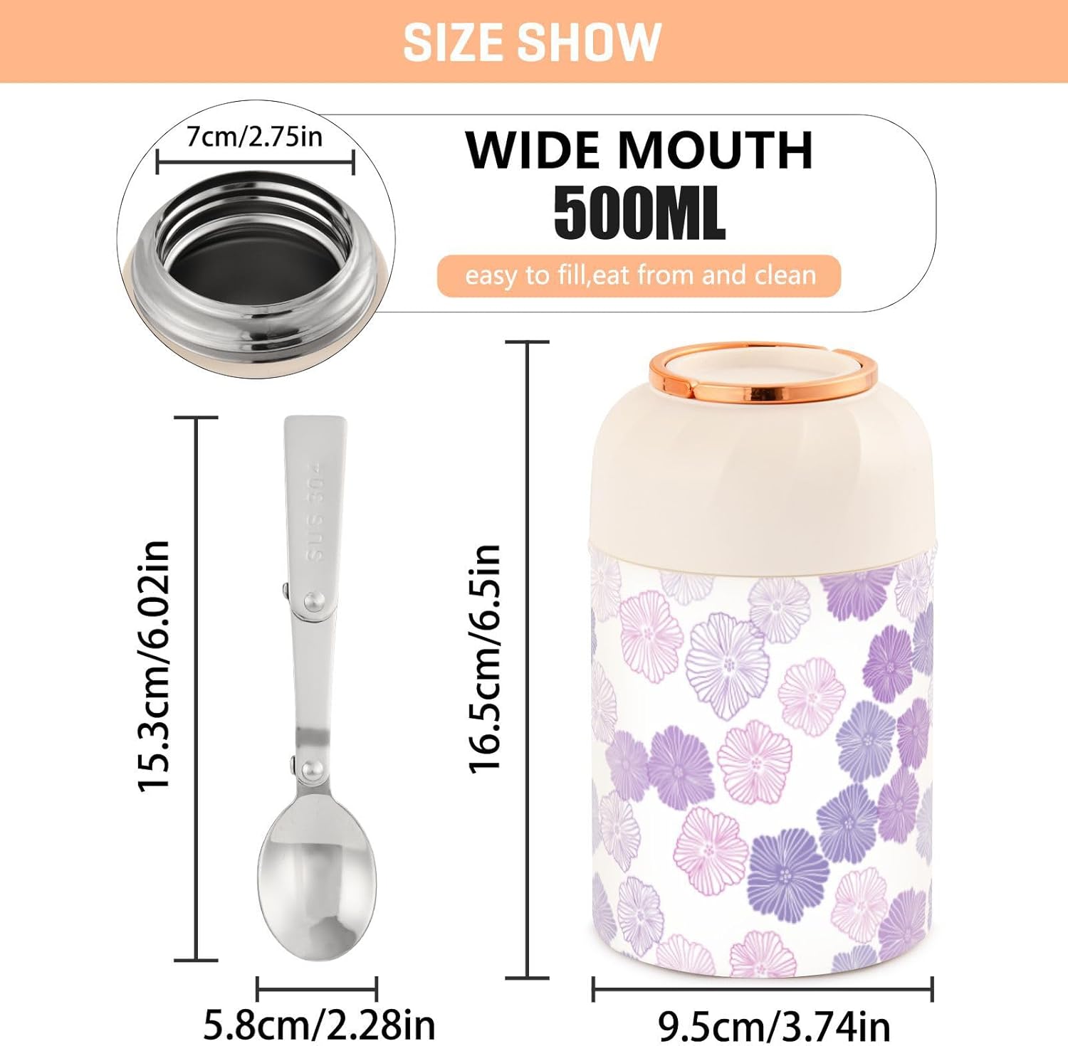 Dark Purple Pink Doodle Kids Womens Insulated Food Jar with Spoon 17oz500ml Food Jar Insulated Stainless Steel Vacuum Food Warmer Food Container for