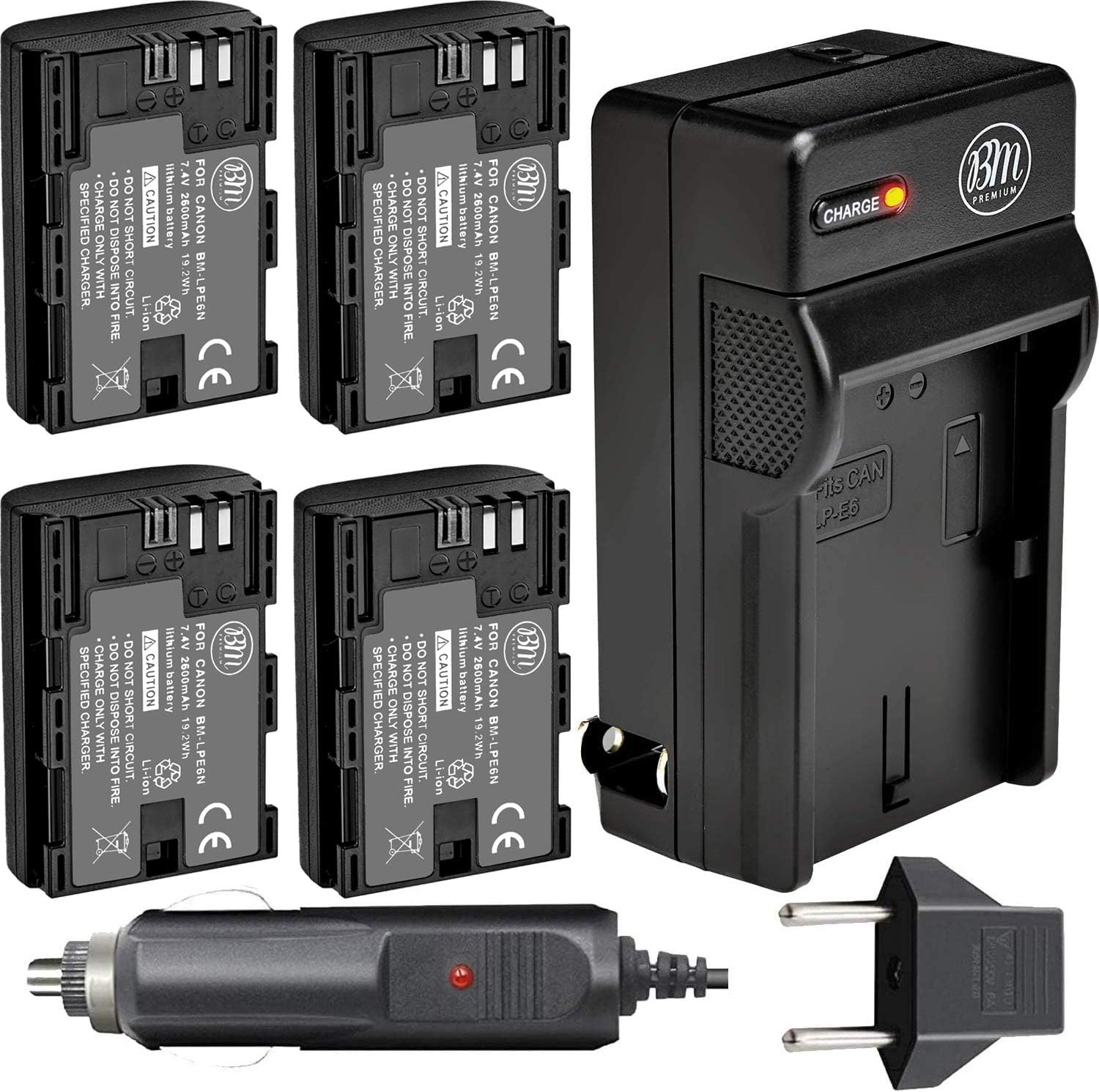 BM Premium Paquete de 4 baterías LP-E6N de alta capacidad y cargador para cámaras Canon EOS R, EOS 60D, EOS 70D, EOS 80D, EOS 90D, EOS 5D III, EOS