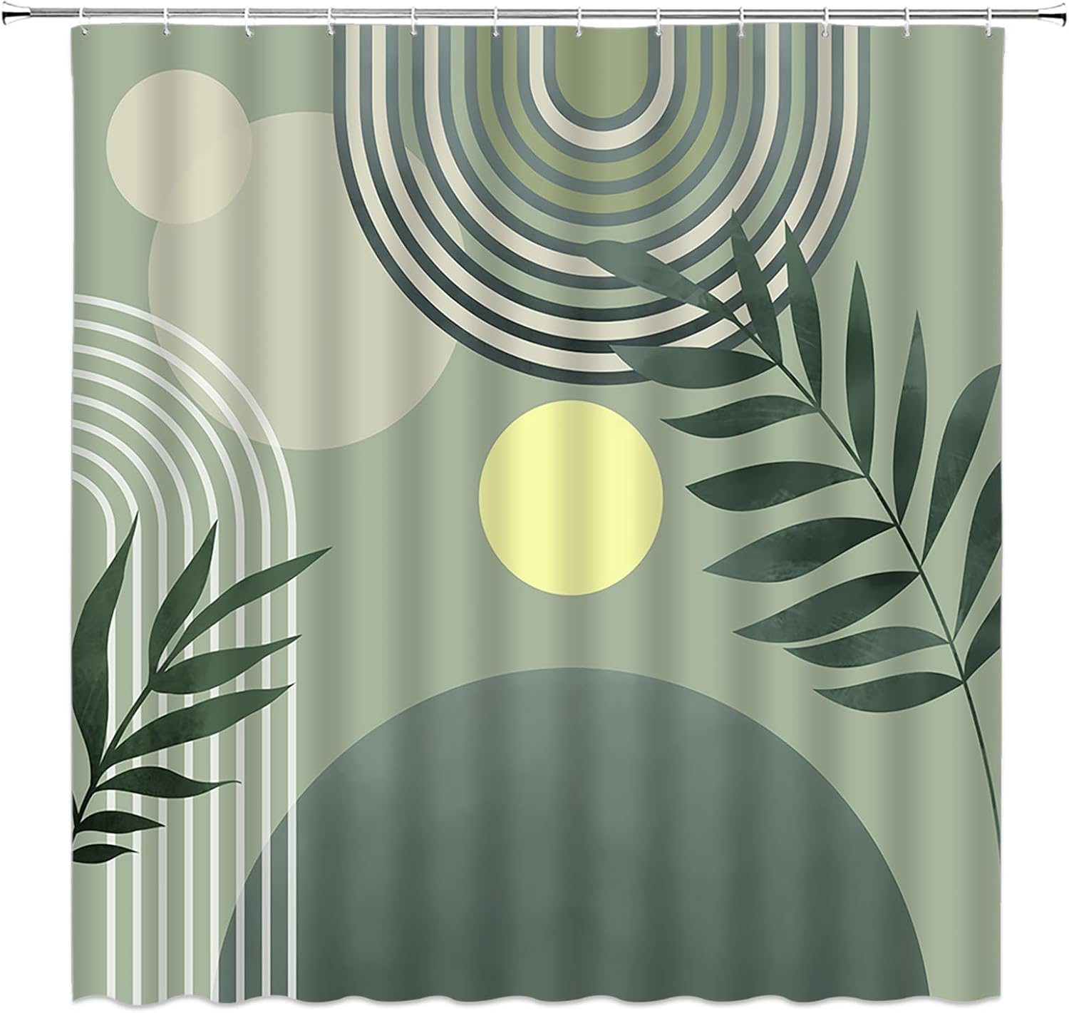 Cortina de ducha bohemia de mediados de siglo, moderna, color verde salvia, abstracta, retro, de mediados de siglo, geométrico, arco iris, hoja de