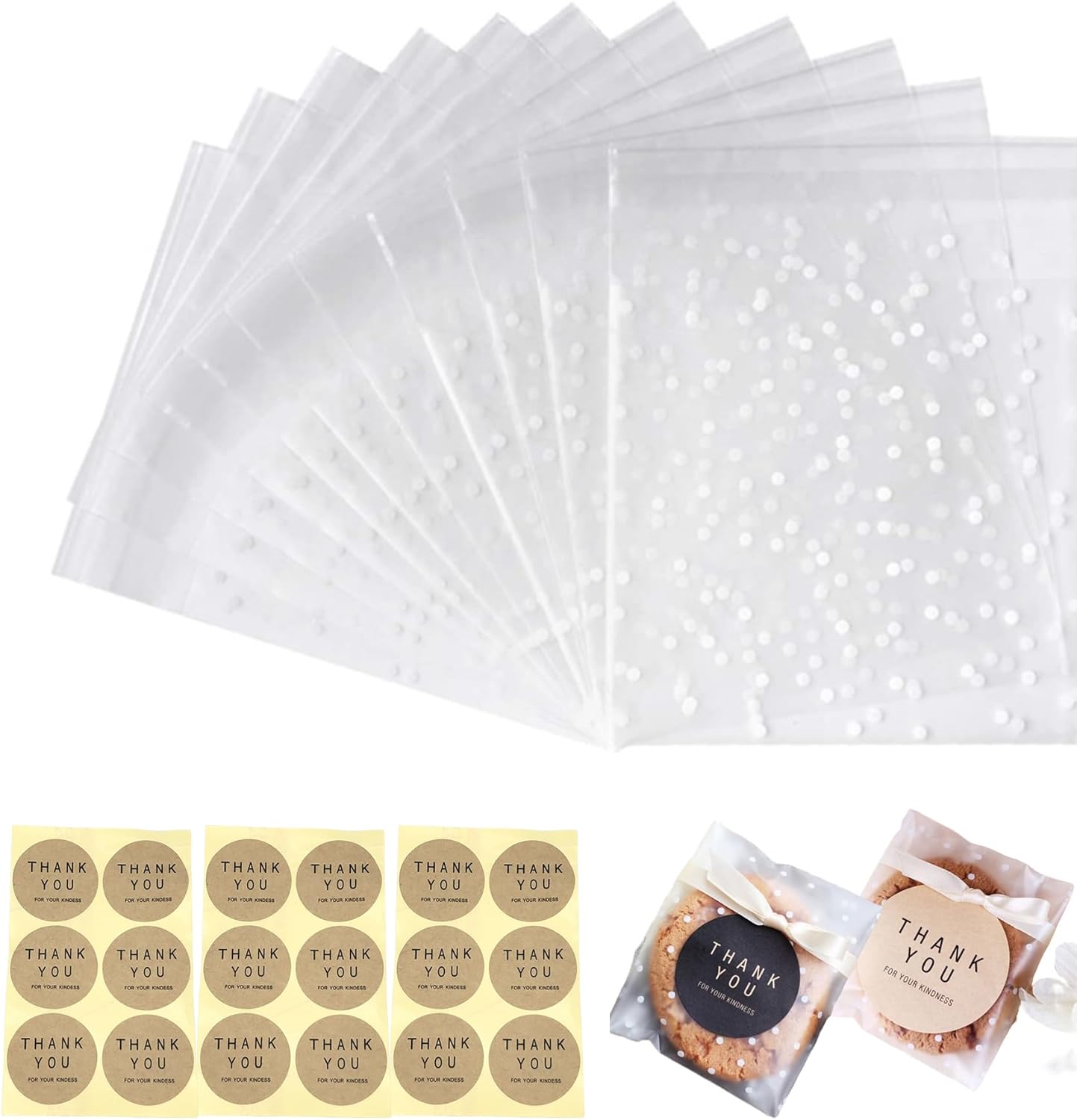 100 bolsas de galletas autosellantes, bolsas de celofán con calcomanías de agradecimiento (5 x 5 pulgadas)