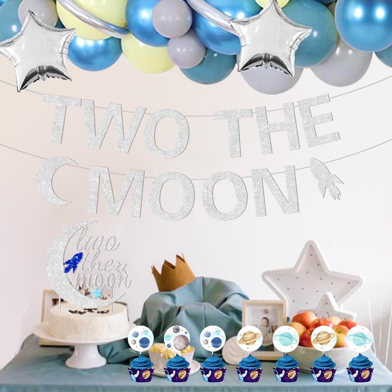 94 decoraciones de fiesta de segundo cumpleaños con temática espacial con dos carteles de la luna, globos de aluminio de luna plateada y estrellas,