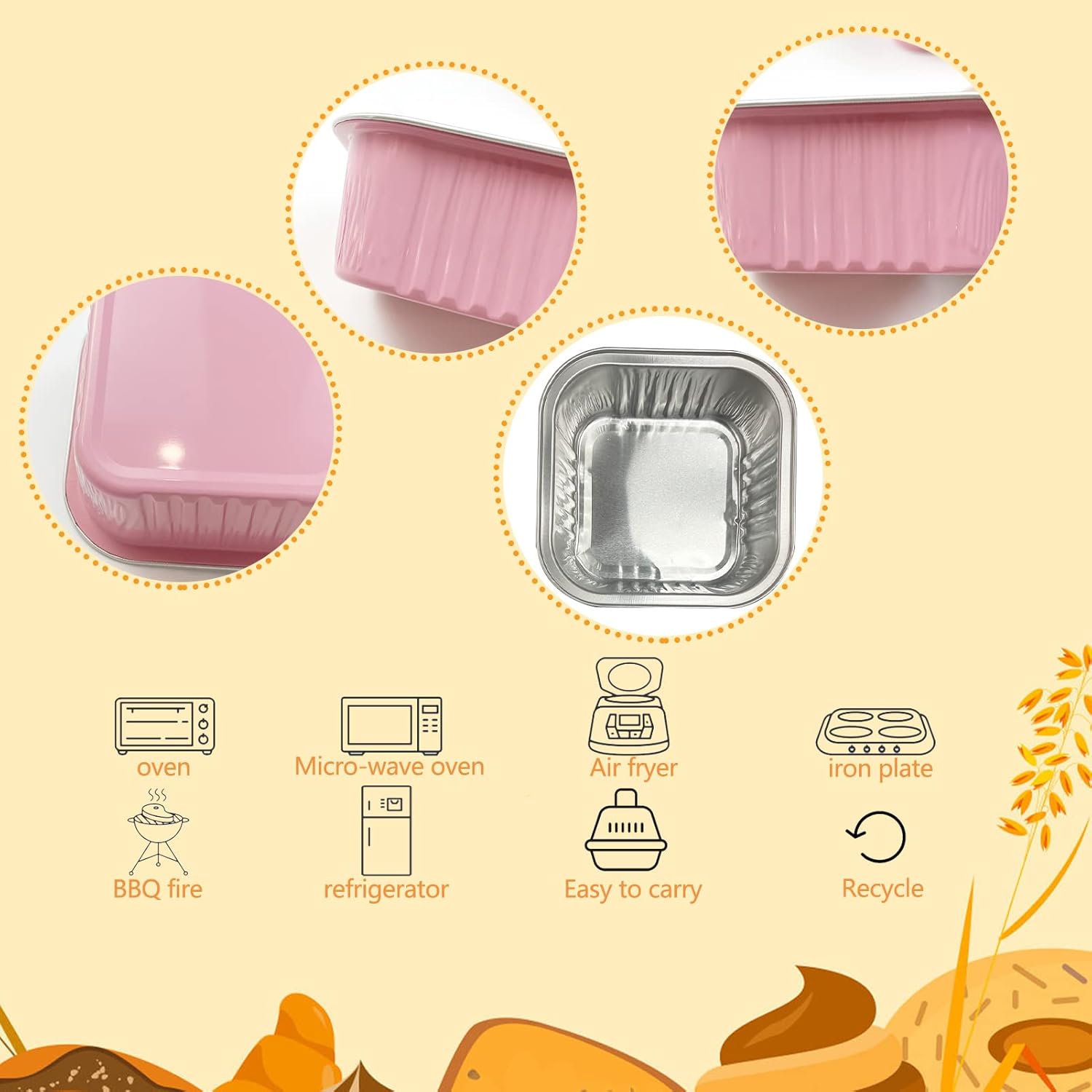 50 tazas cuadradas de papel de aluminio para hornear con tapas, moldes desechables de 5 onzas para tartas, recipientes para hornear cupcakes para