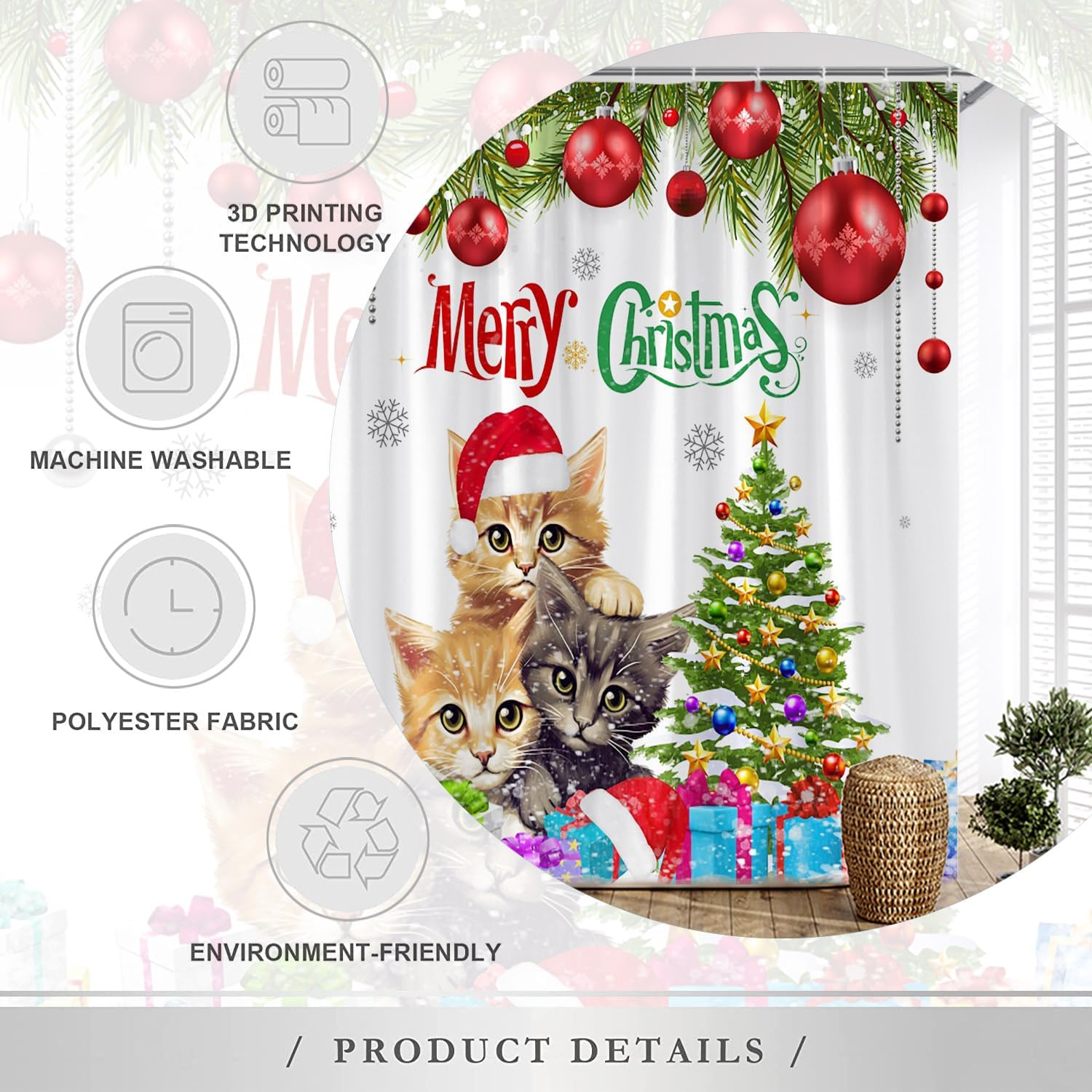 Cortina de ducha de Feliz Navidad, bola de Navidad, lindo gato, divertido árbol de Navidad, copo de nieve, Navidad, vacaciones, baño, decoración con