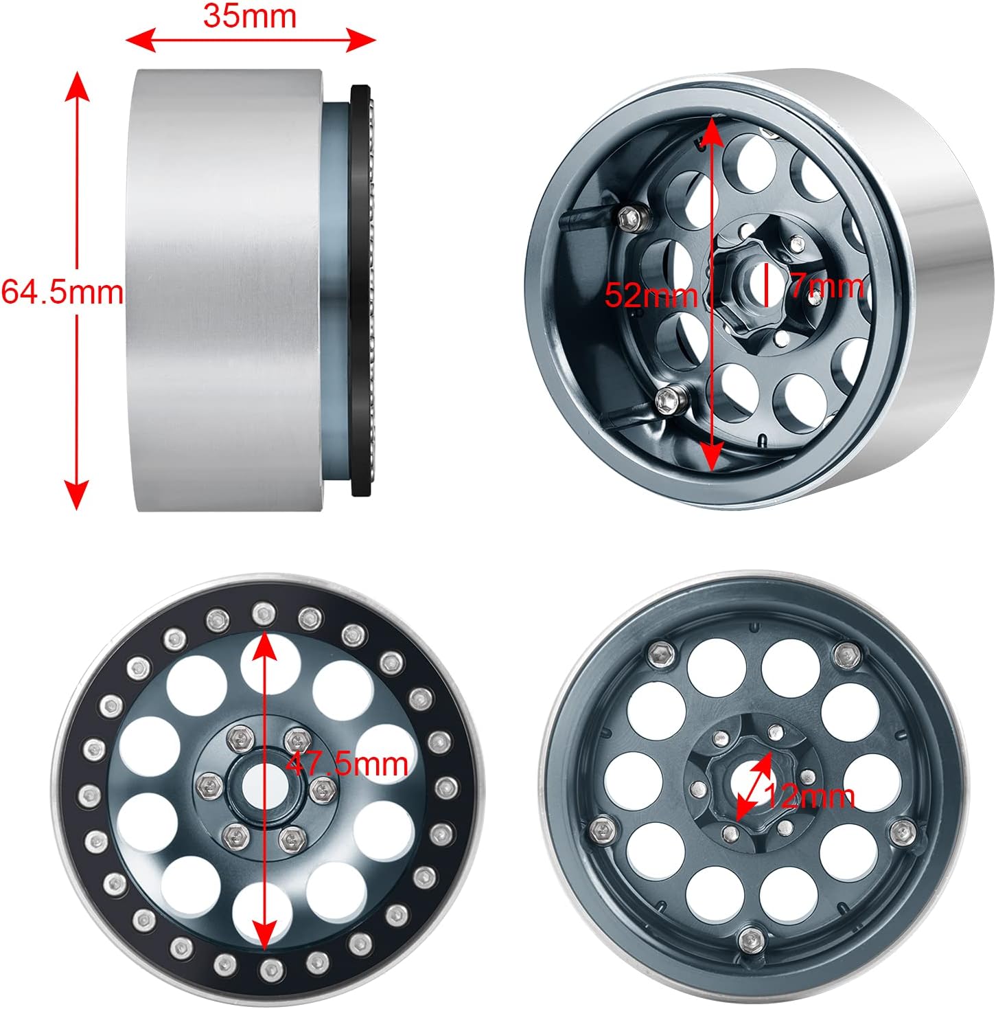 Benedict Harry – Llantas de aleación de aluminio de 2.2 pulgadas Beadlock para 110 RC Rock Crawler Car Axial Wraith RR10 SCX10 90046 YETI D90 CC01