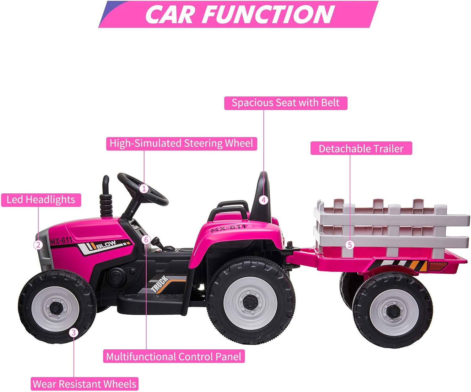 Tractor de 12 V con remolque y control remoto, vehículo eléctrico para niños pequeños con faros LED, cambio de marchas 2+1, reproductor de MP3, USB,