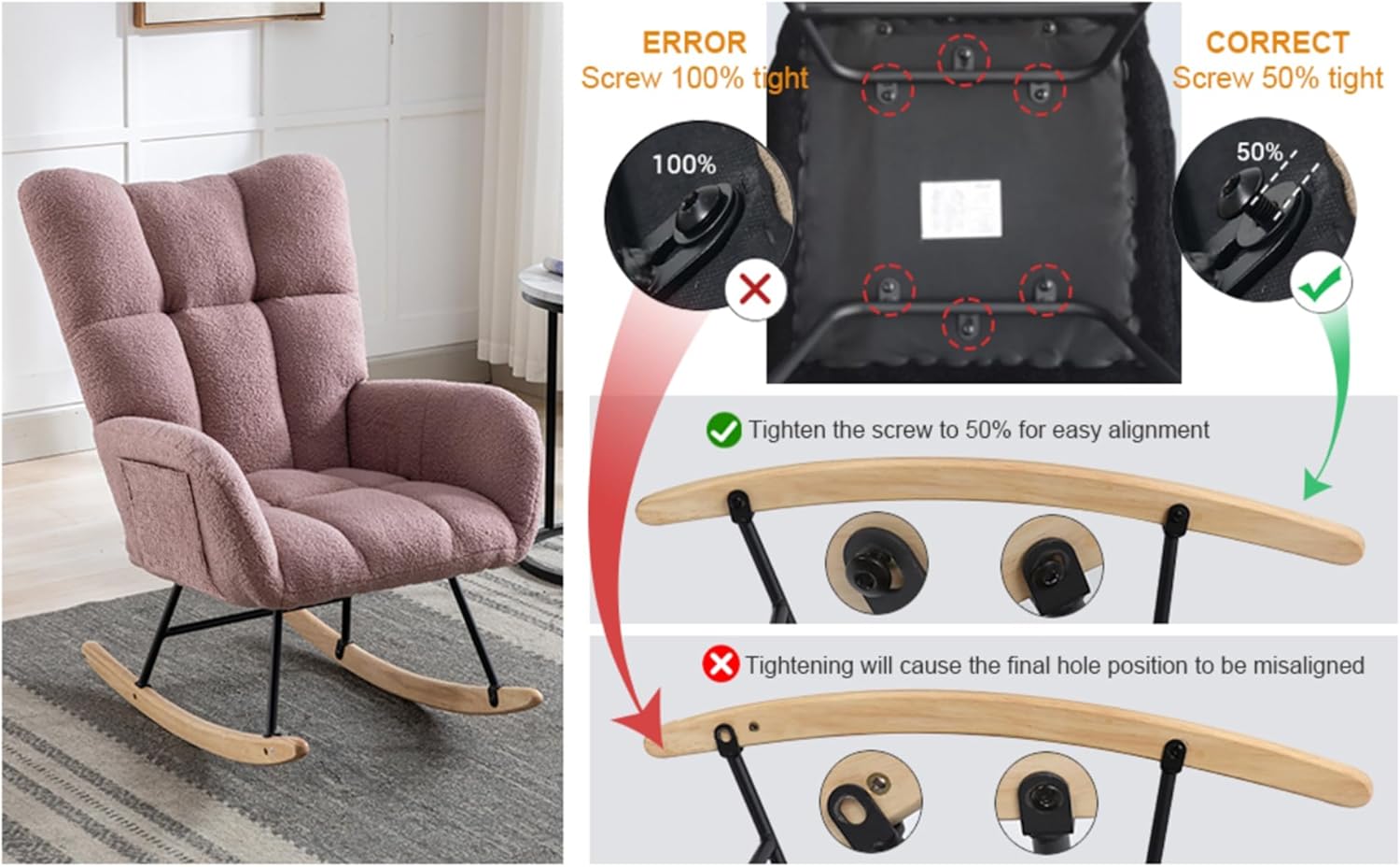 Mecedora moderna para guardería, silla mecedora tapizada de tela de peluche con base de madera maciza, cómodo sillón con respaldo de ala para