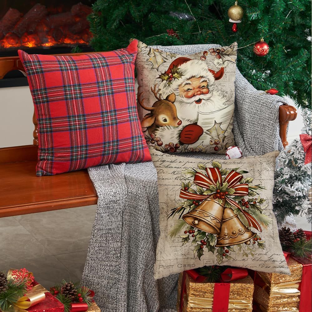 DFXSZ Juego de 4 fundas de almohada navideñas de 18 x 18 pulgadas, diseño de reno de Papá Noel, vintage, decoración retro de casa de campo para el