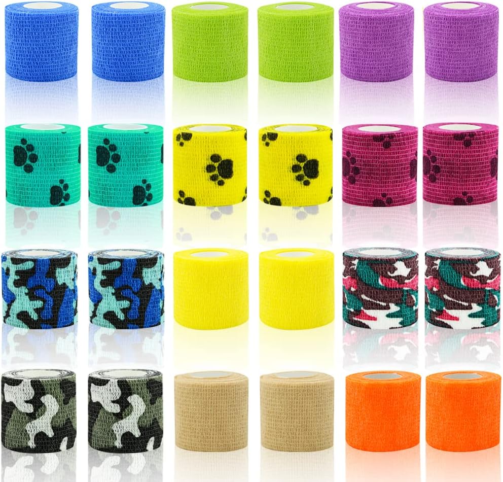 Paquete de 24 vendajes autoadhesivos de 2 x 5 yardas, envoltura veterinaria autoadhesiva para perros, gatos, caballos, animales, cinta elástica